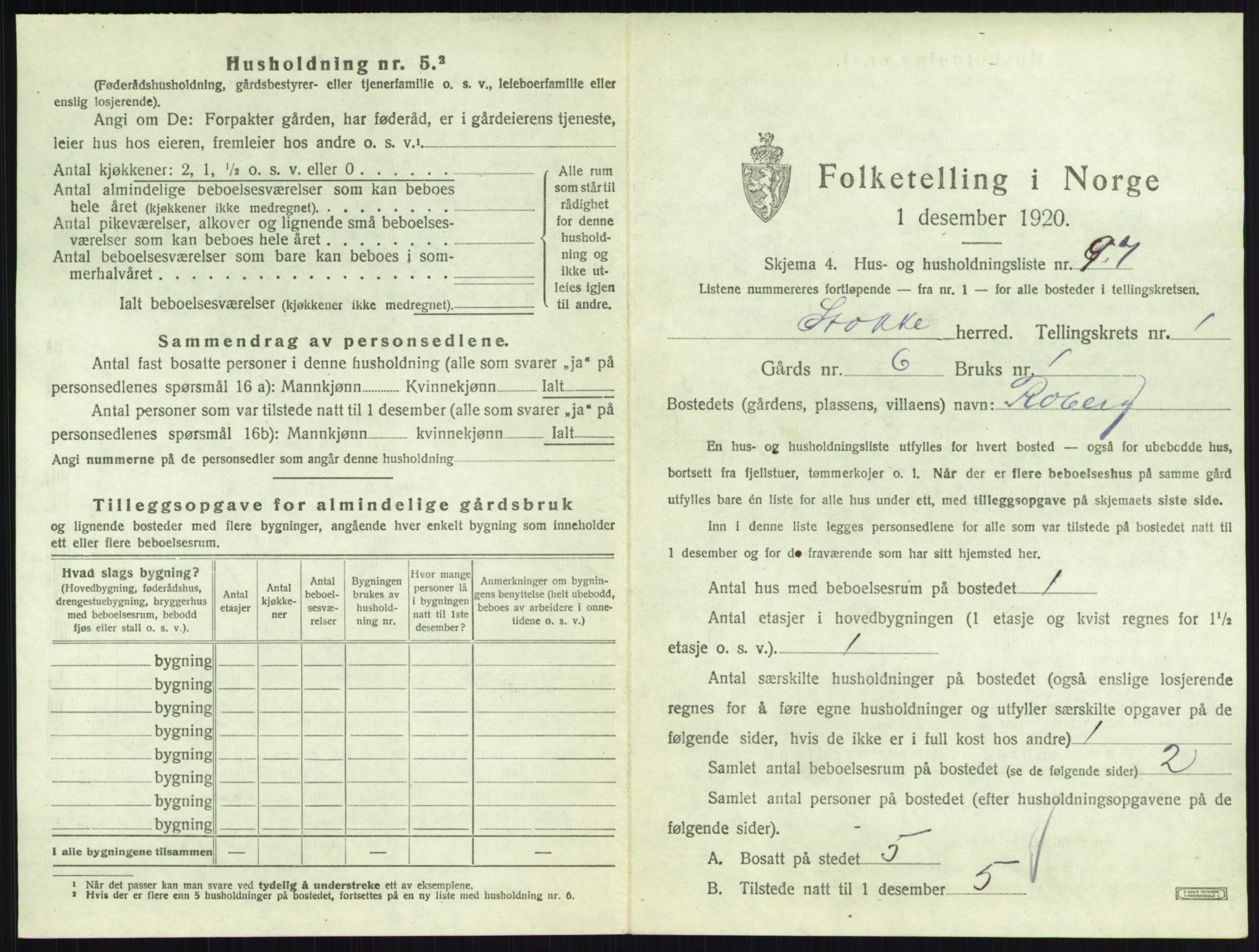 SAKO, 1920 census for Stokke, 1920, p. 243