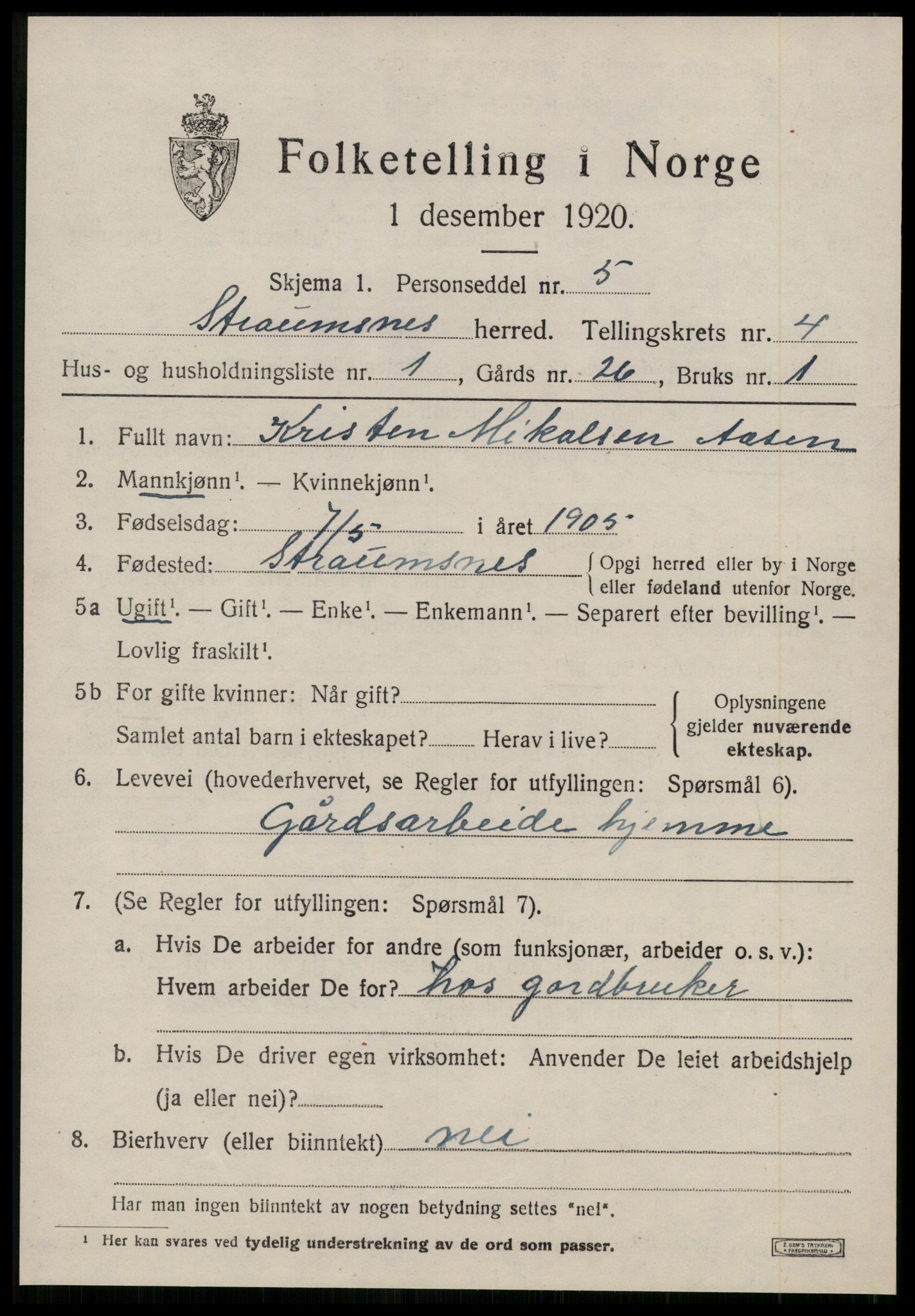 SAT, 1920 census for Straumsnes, 1920, p. 1551