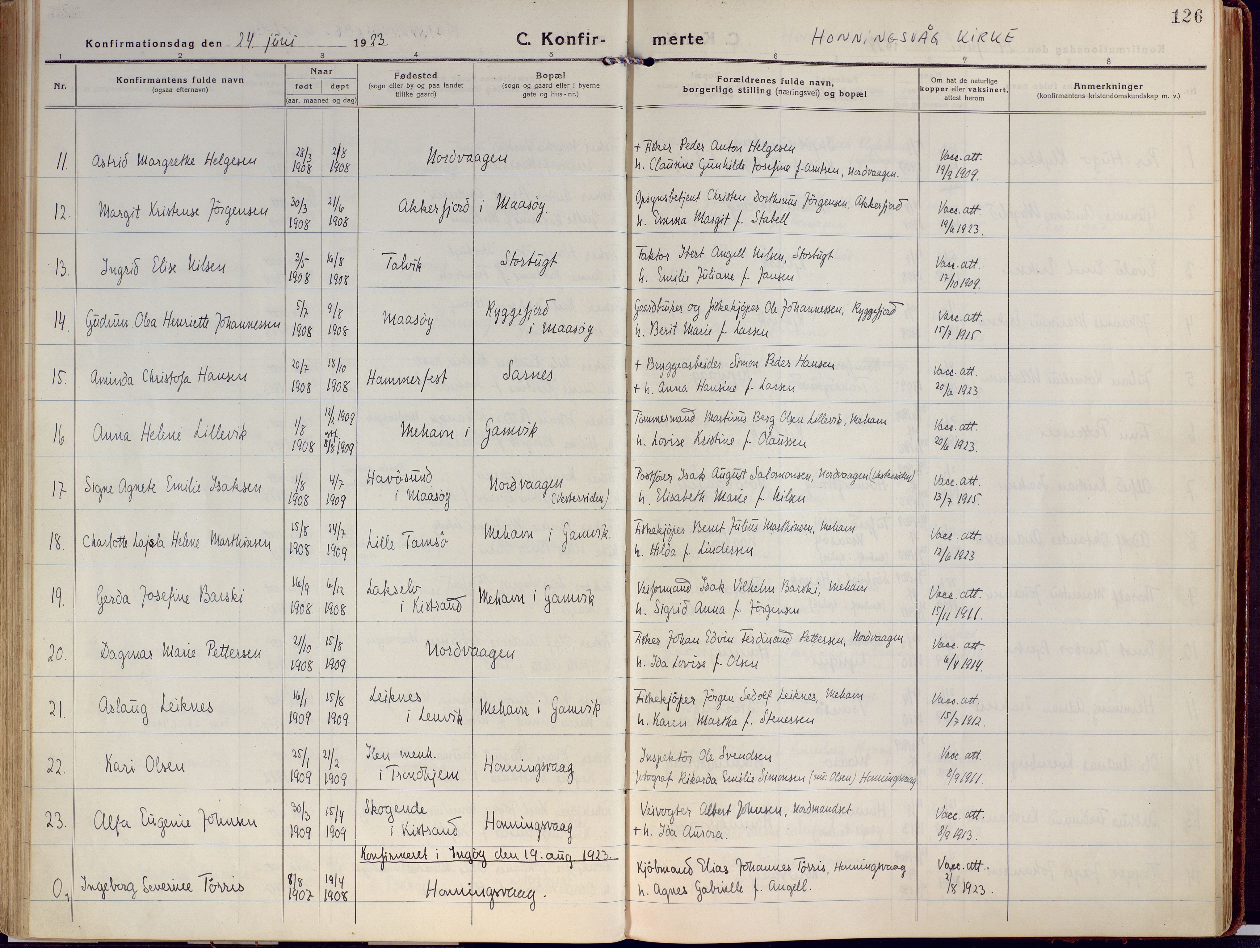 Kjelvik/Nordkapp sokneprestkontor, SATØ/S-1350/H/Ha/L0002kirke: Parish register (official) no. 2, 1920-1929, p. 126