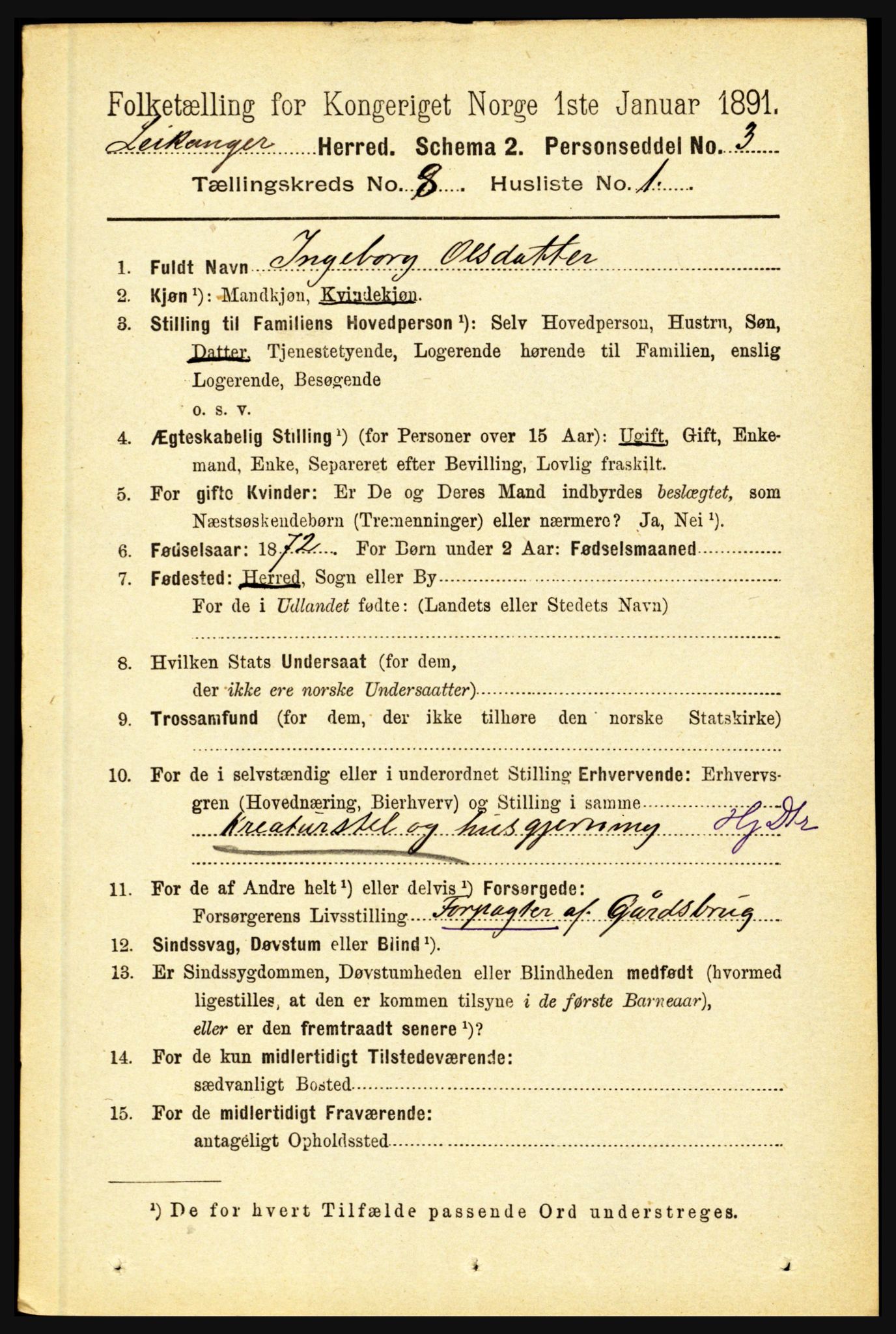 RA, 1891 census for 1419 Leikanger, 1891, p. 1583