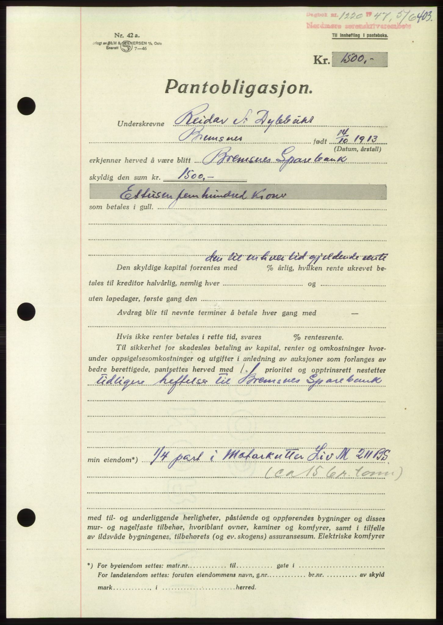 Nordmøre sorenskriveri, AV/SAT-A-4132/1/2/2Ca: Mortgage book no. B96, 1947-1947, Diary no: : 1220/1947