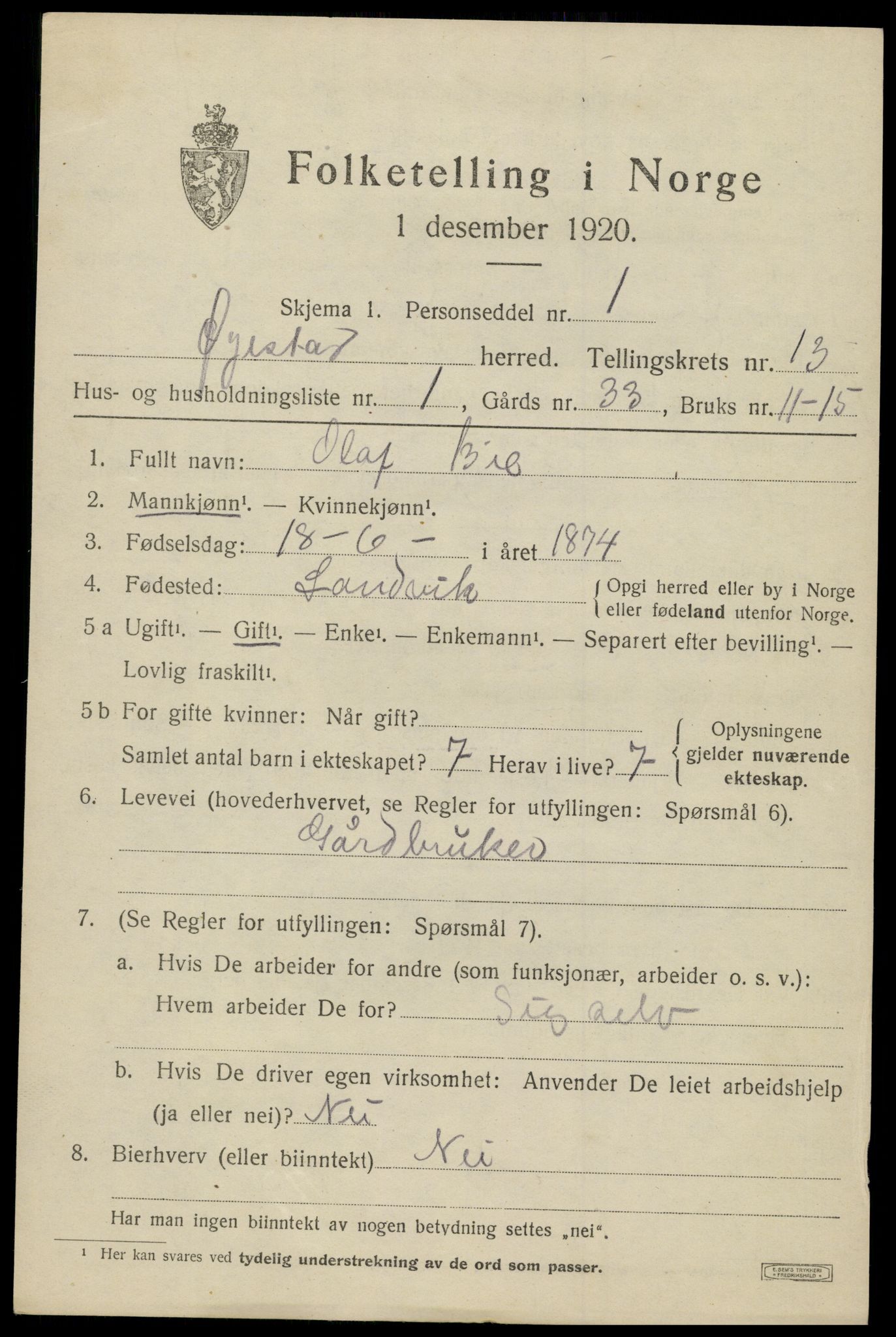 SAK, 1920 census for Øyestad, 1920, p. 8110