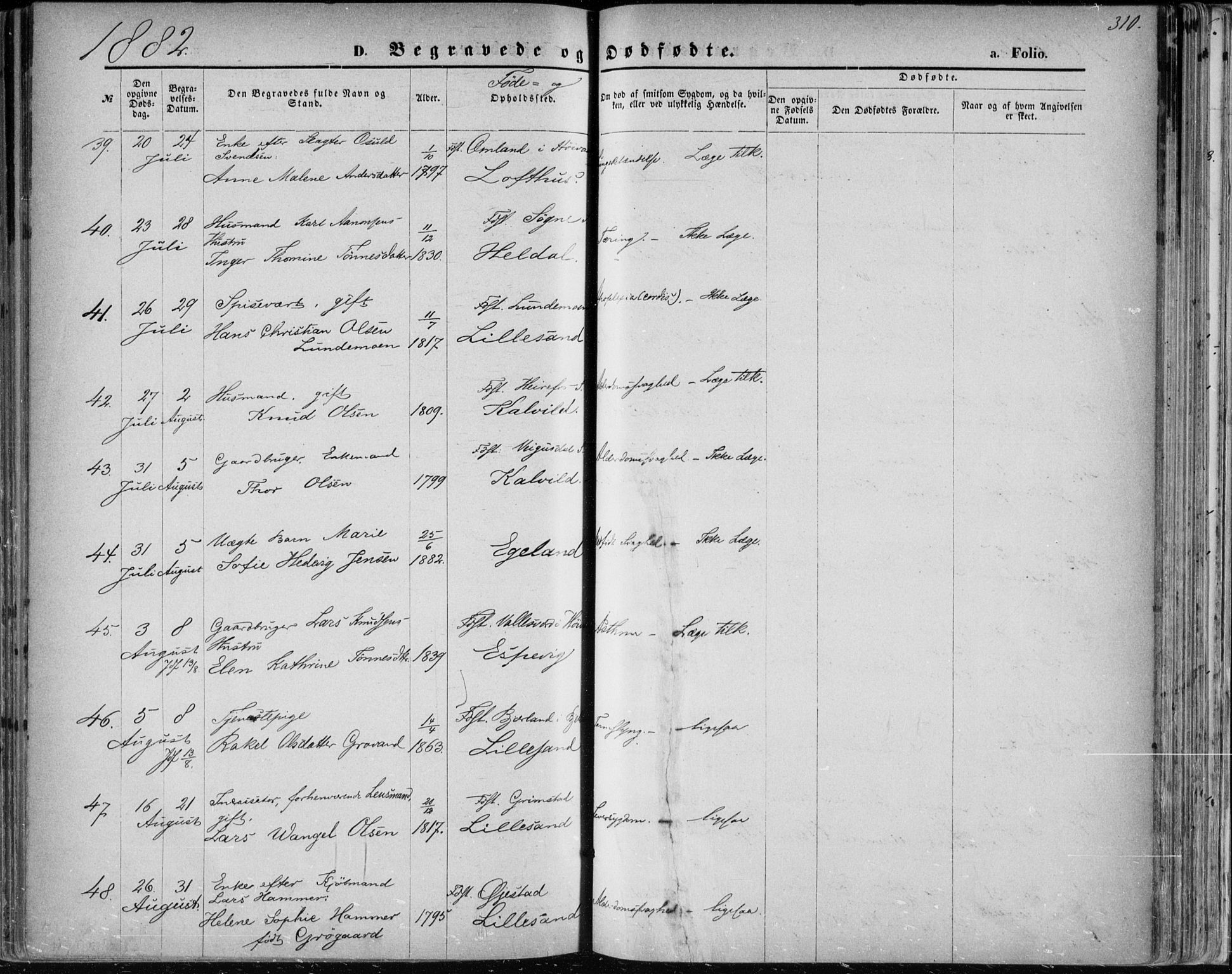 Vestre Moland sokneprestkontor, SAK/1111-0046/F/Fa/Fab/L0008: Parish register (official) no. A 8, 1873-1883, p. 310