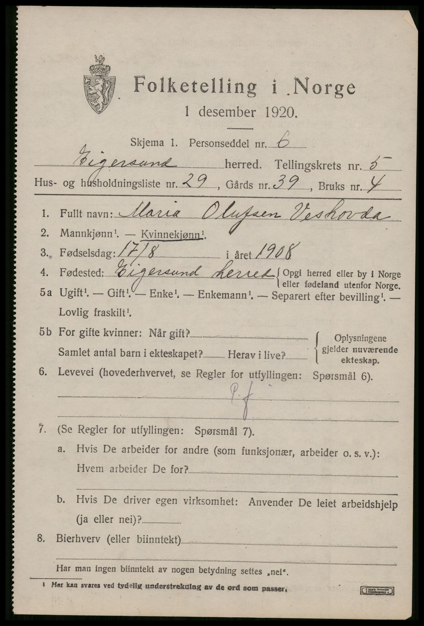 SAST, 1920 census for Eigersund, 1920, p. 3865