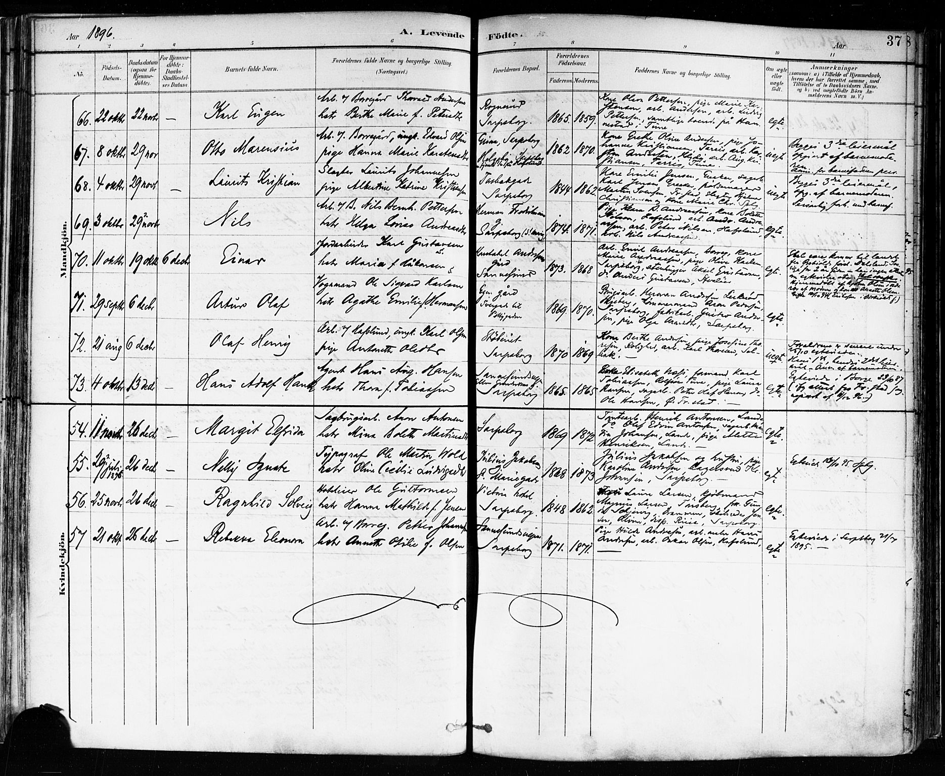 Sarpsborg prestekontor Kirkebøker, AV/SAO-A-2006/F/Fa/L0004: Parish register (official) no. 4, 1892-1899, p. 37