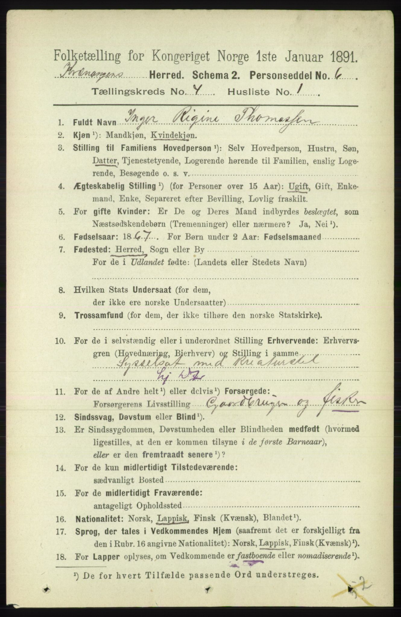 RA, 1891 census for 1943 Kvænangen, 1891, p. 1547