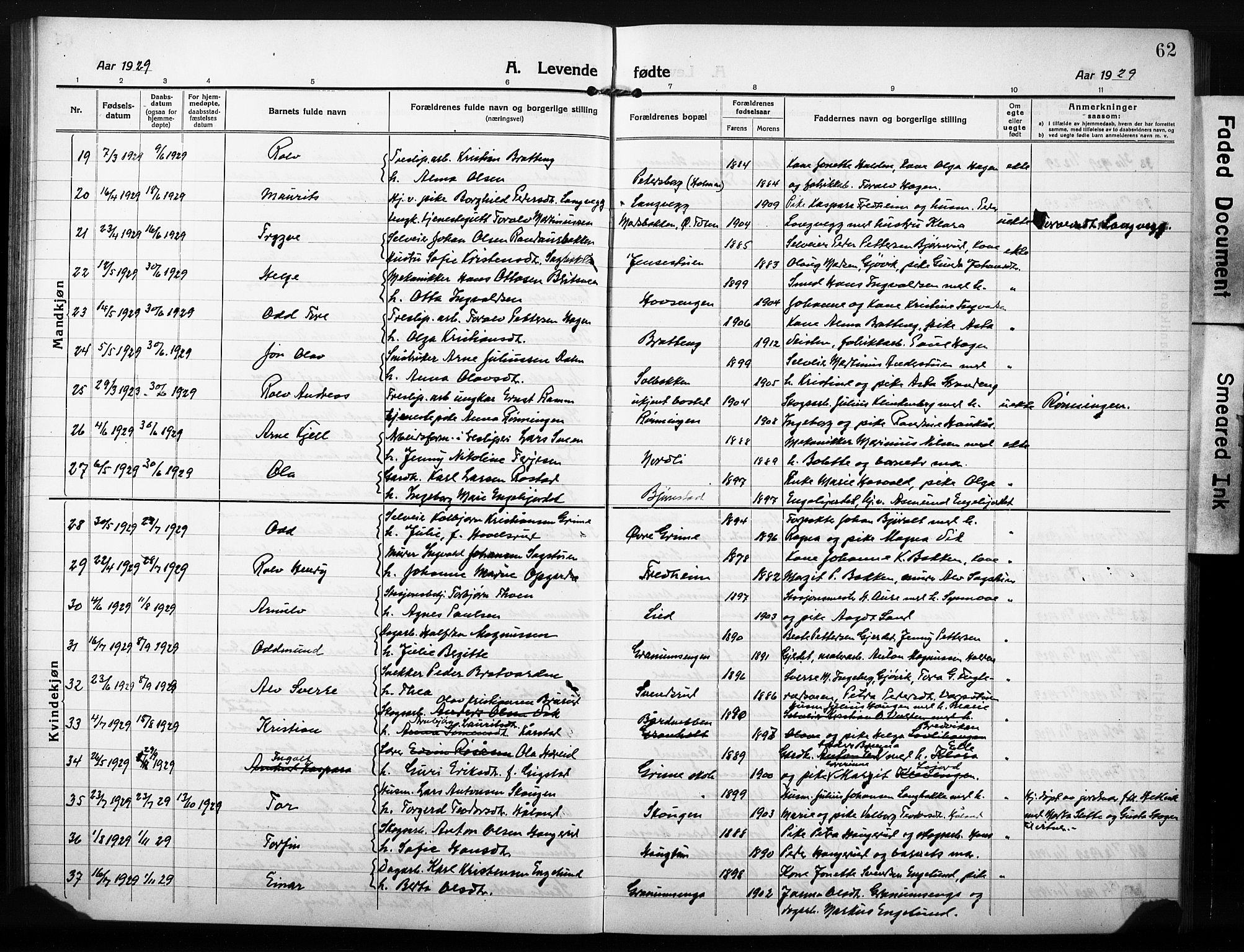 Søndre Land prestekontor, AV/SAH-PREST-122/L/L0007: Parish register (copy) no. 7, 1915-1932, p. 62