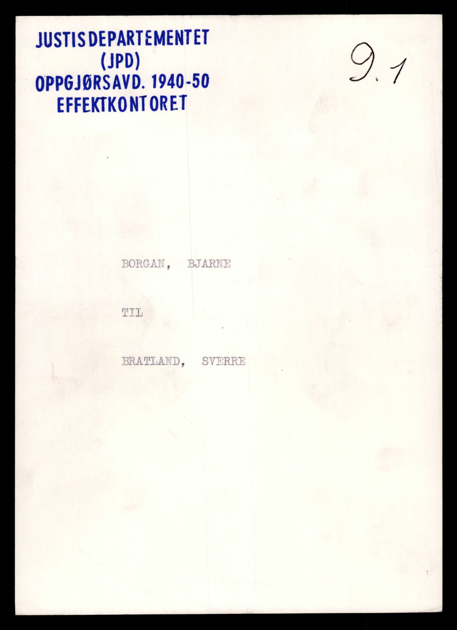 Justisdepartementet, Oppgjørsavdelingen, RA/S-1056/G/Gb/L0009: Oppgaver over ettersøkte sivile effekter.Borgan, Bjarne - Bremo, Harry, 1940-1942, p. 1