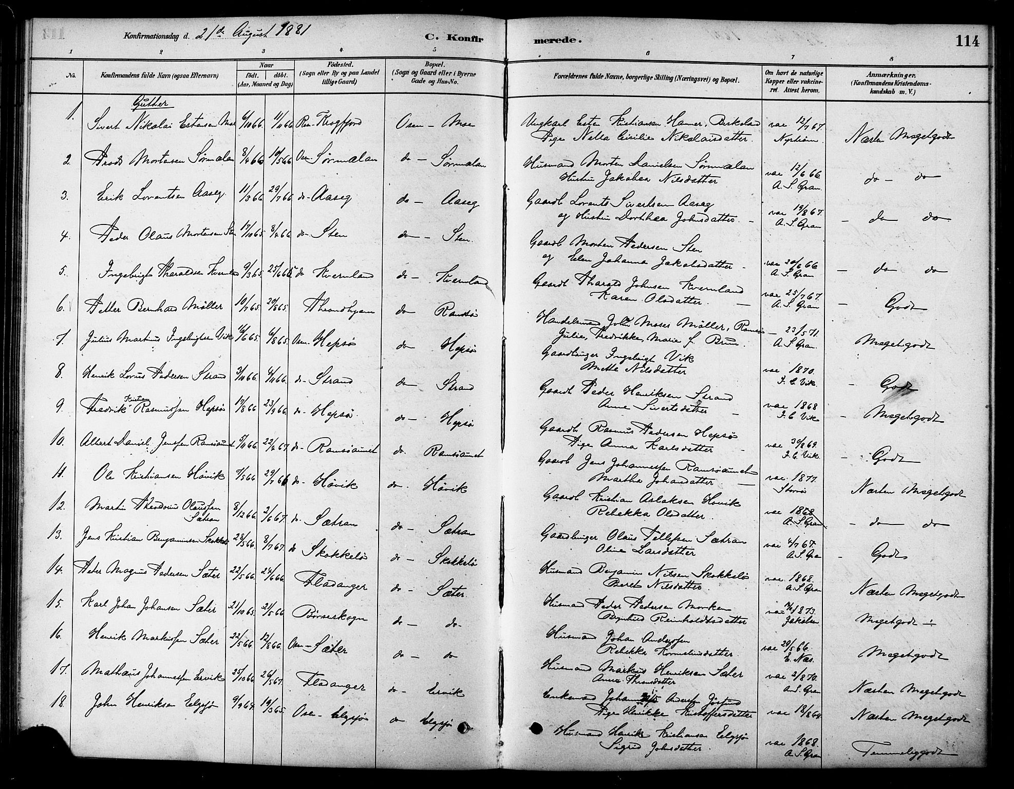 Ministerialprotokoller, klokkerbøker og fødselsregistre - Sør-Trøndelag, SAT/A-1456/658/L0722: Parish register (official) no. 658A01, 1879-1896, p. 114