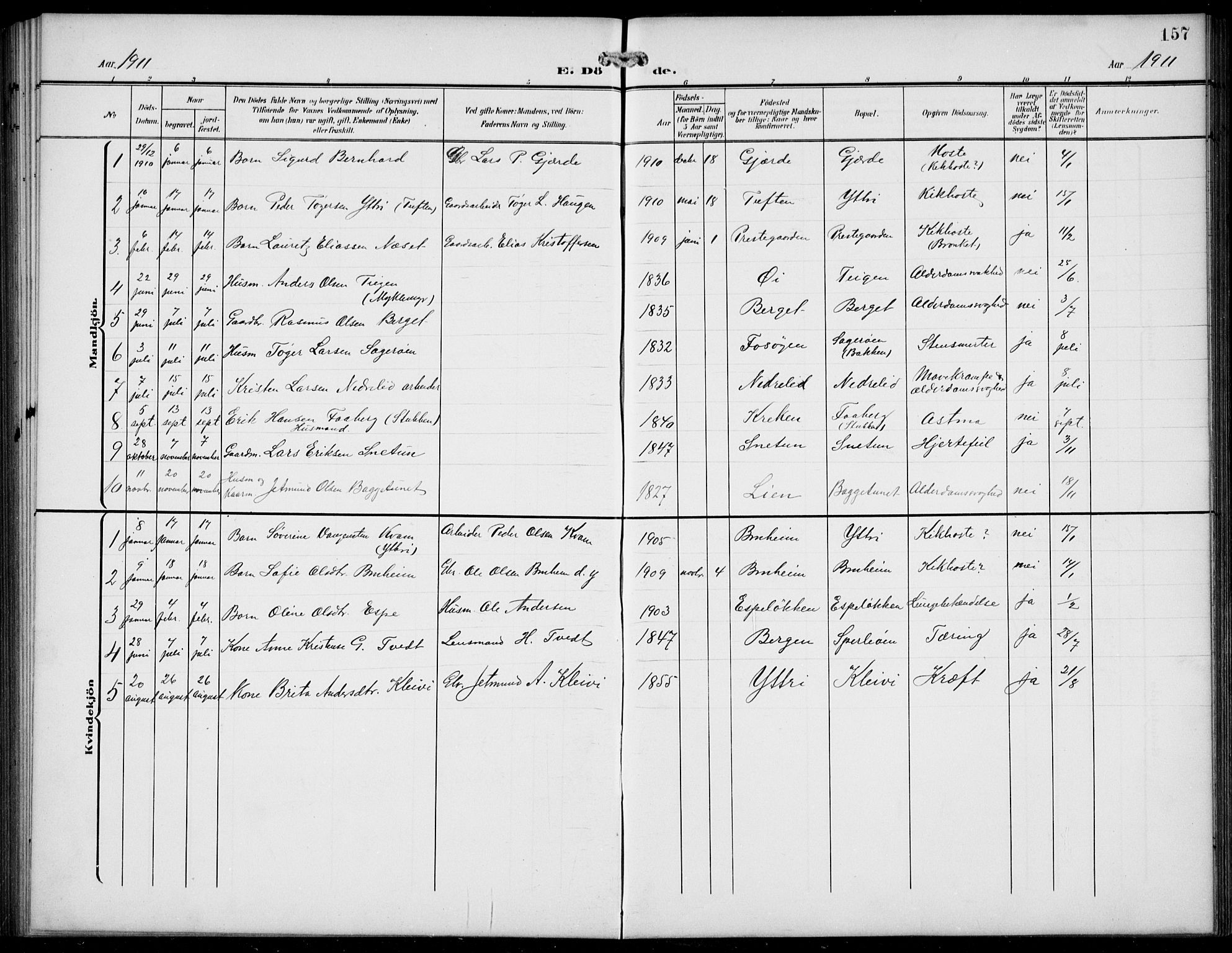 Jostedal sokneprestembete, AV/SAB-A-80601/H/Hab/Haba/L0002: Parish register (copy) no. A 2, 1907-1931, p. 157