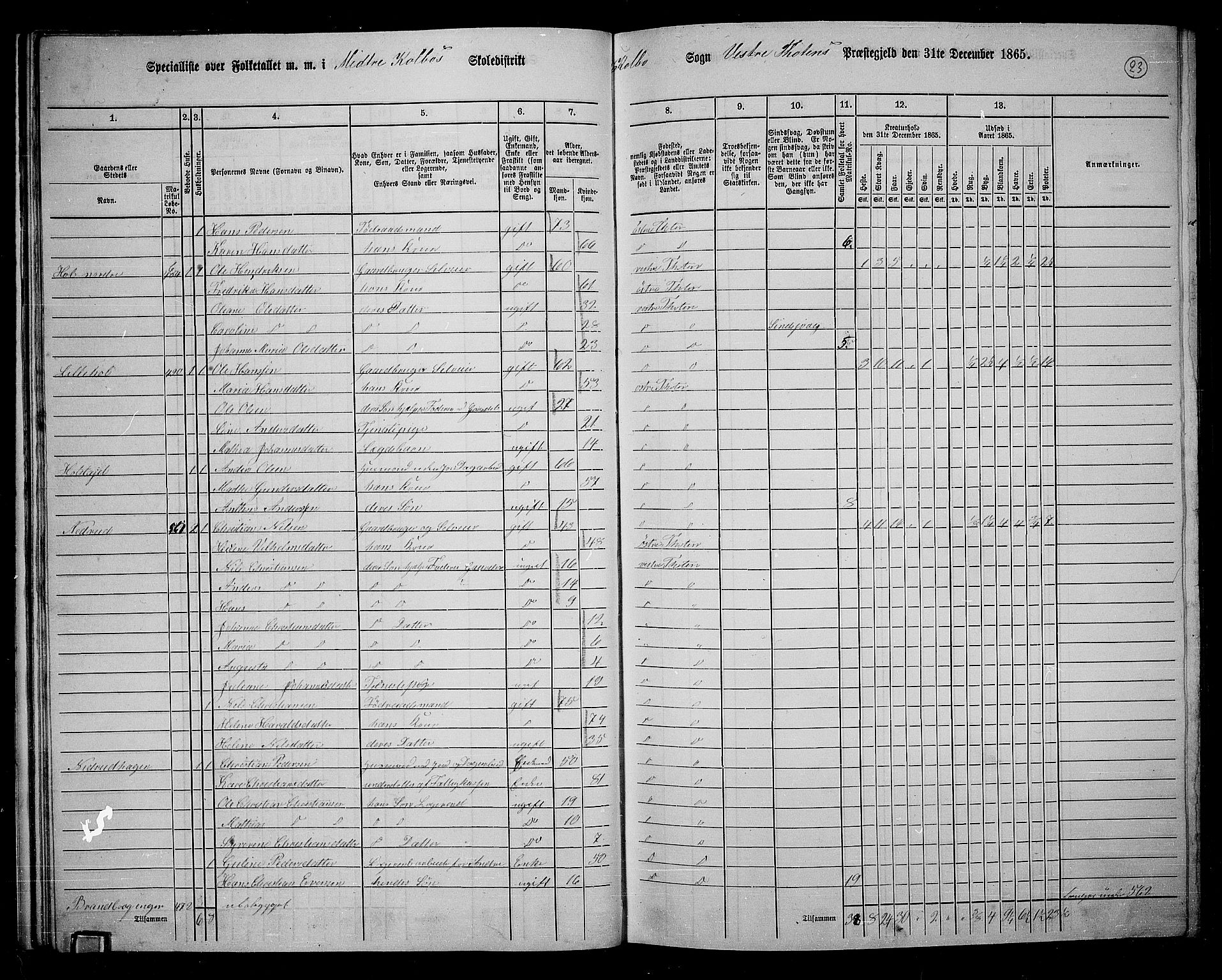 RA, 1865 census for Vestre Toten, 1865, p. 187