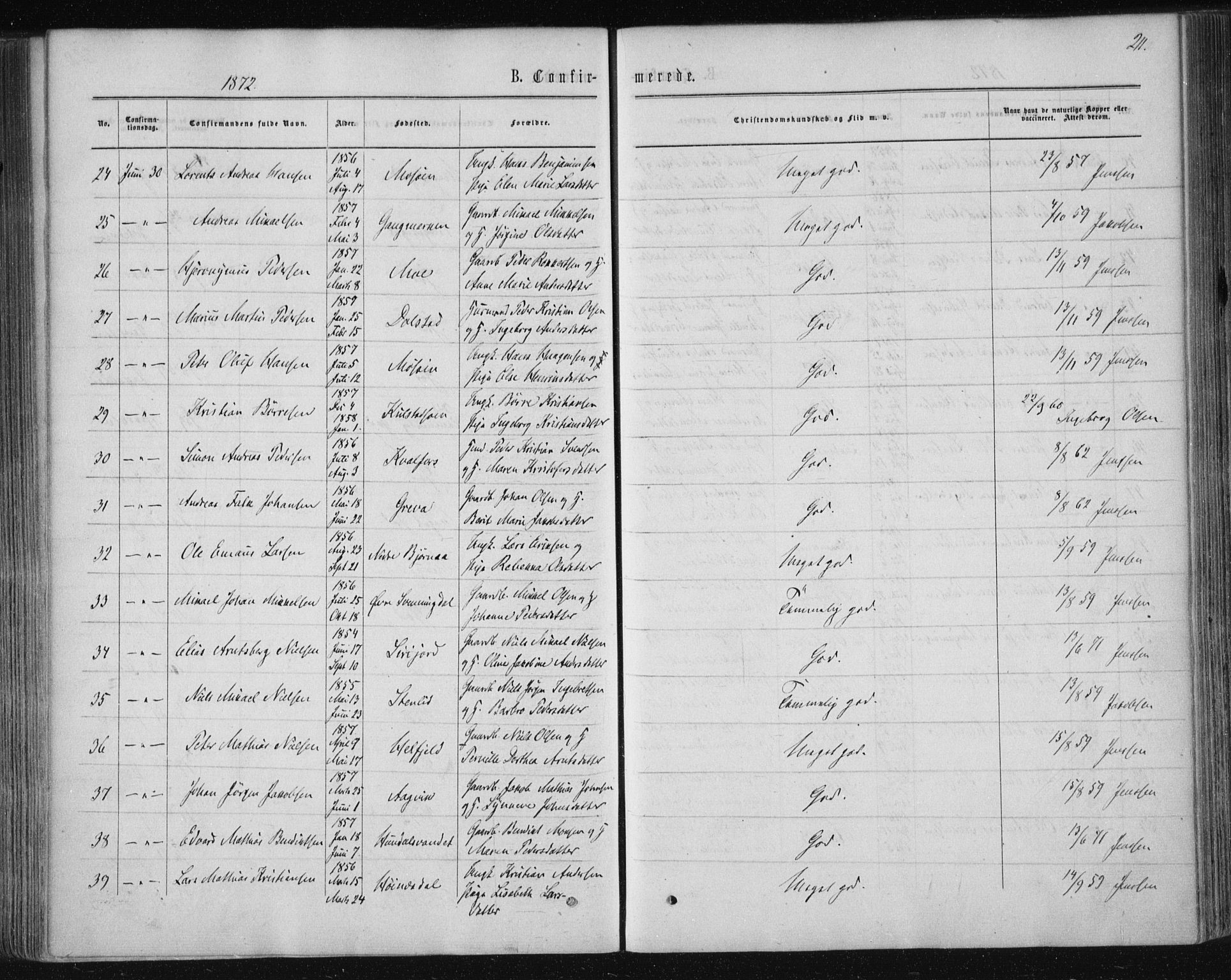 Ministerialprotokoller, klokkerbøker og fødselsregistre - Nordland, AV/SAT-A-1459/820/L0294: Parish register (official) no. 820A15, 1866-1879, p. 211