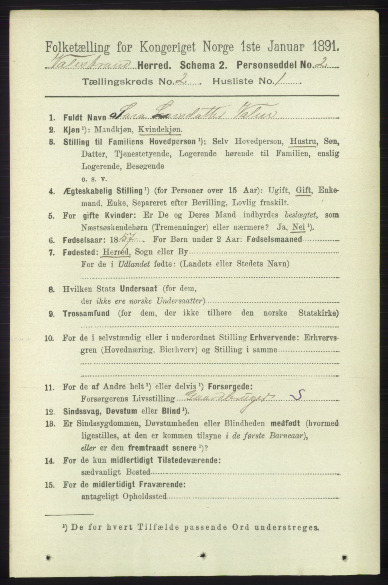 RA, 1891 census for 1217 Valestrand, 1891, p. 298