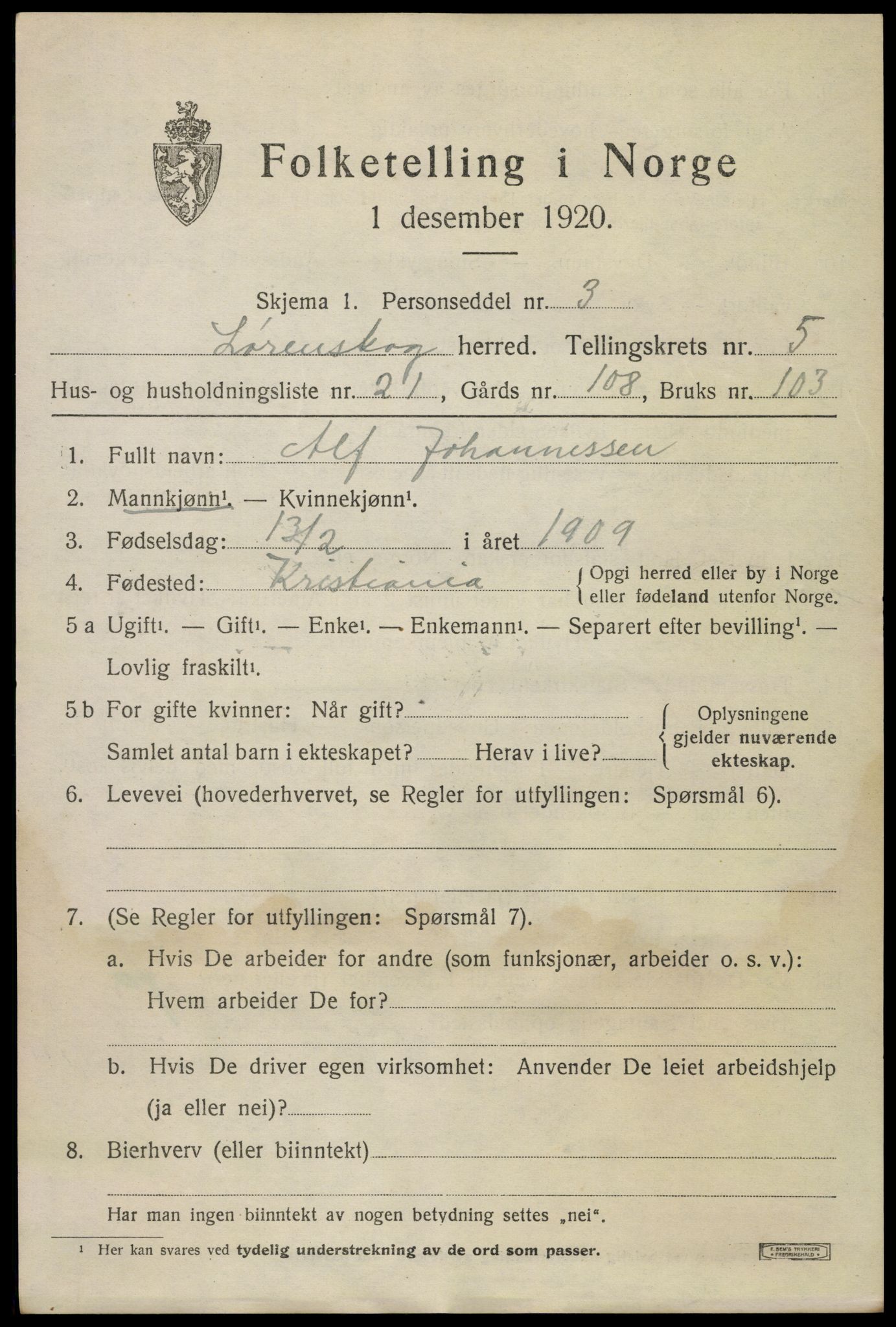 SAO, 1920 census for Lørenskog, 1920, p. 4535