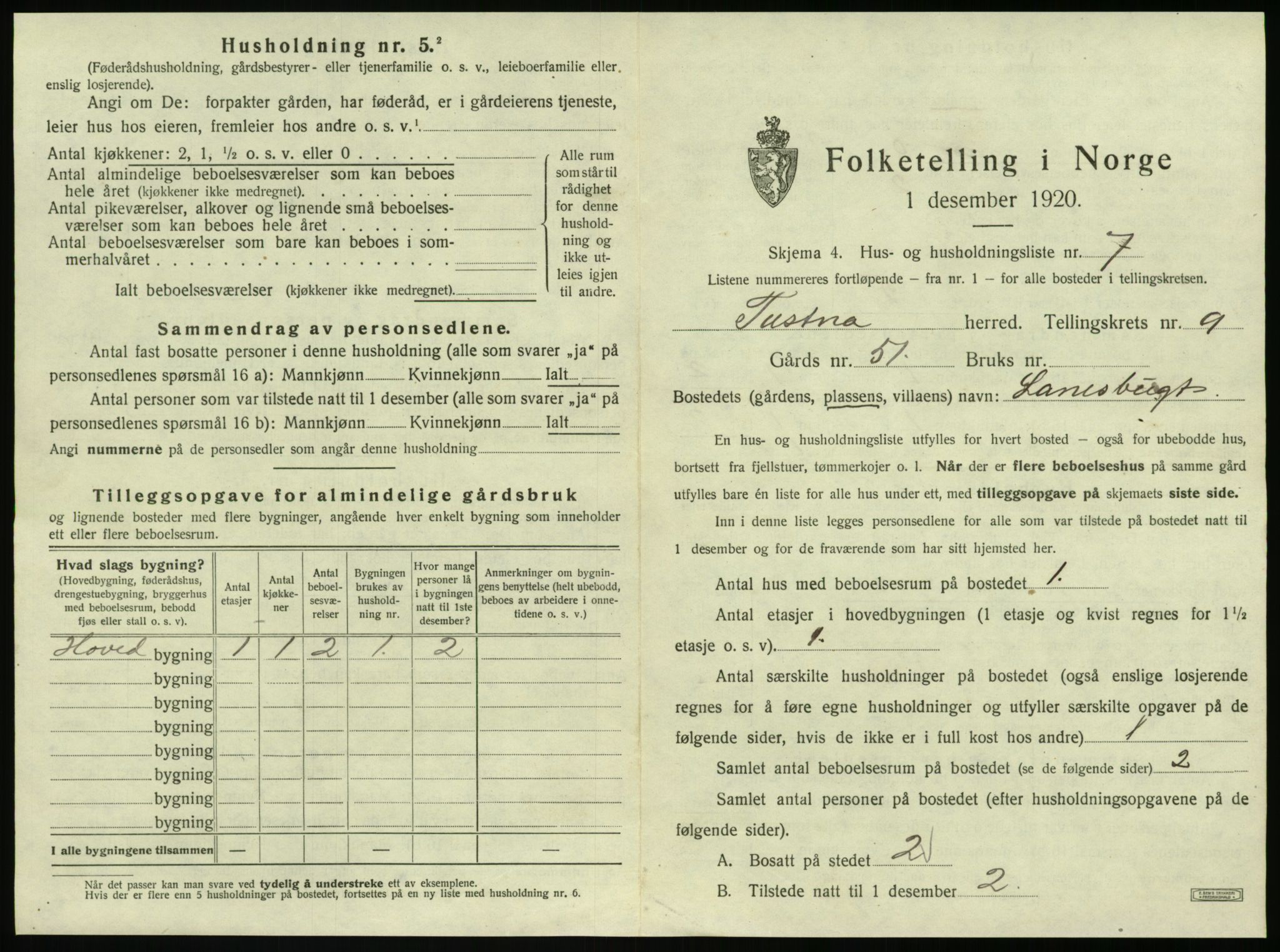SAT, 1920 census for Tustna, 1920, p. 589