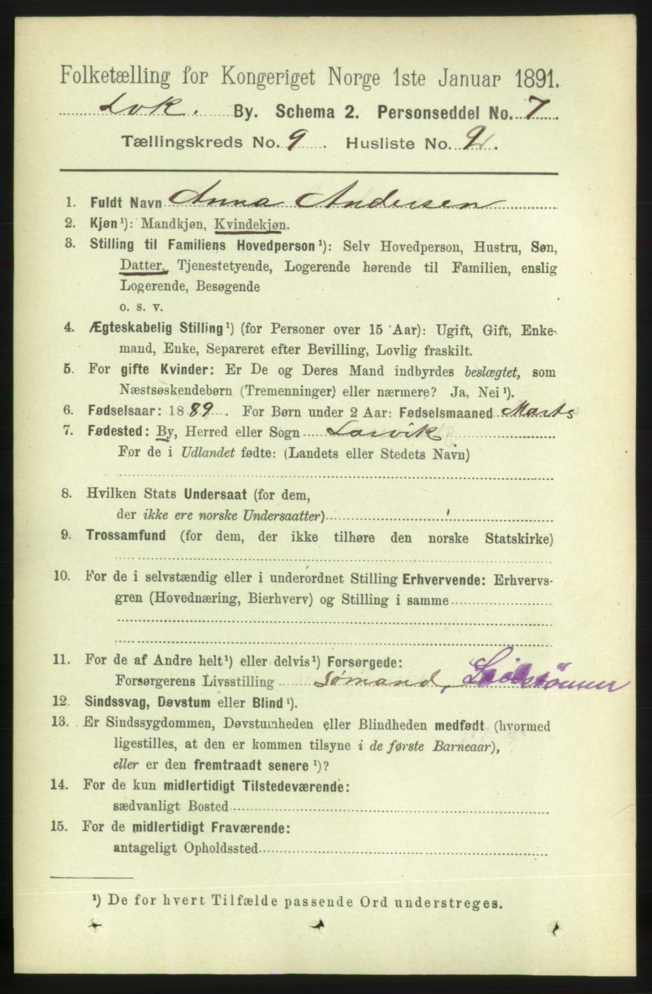 RA, 1891 census for 0707 Larvik, 1891, p. 8503