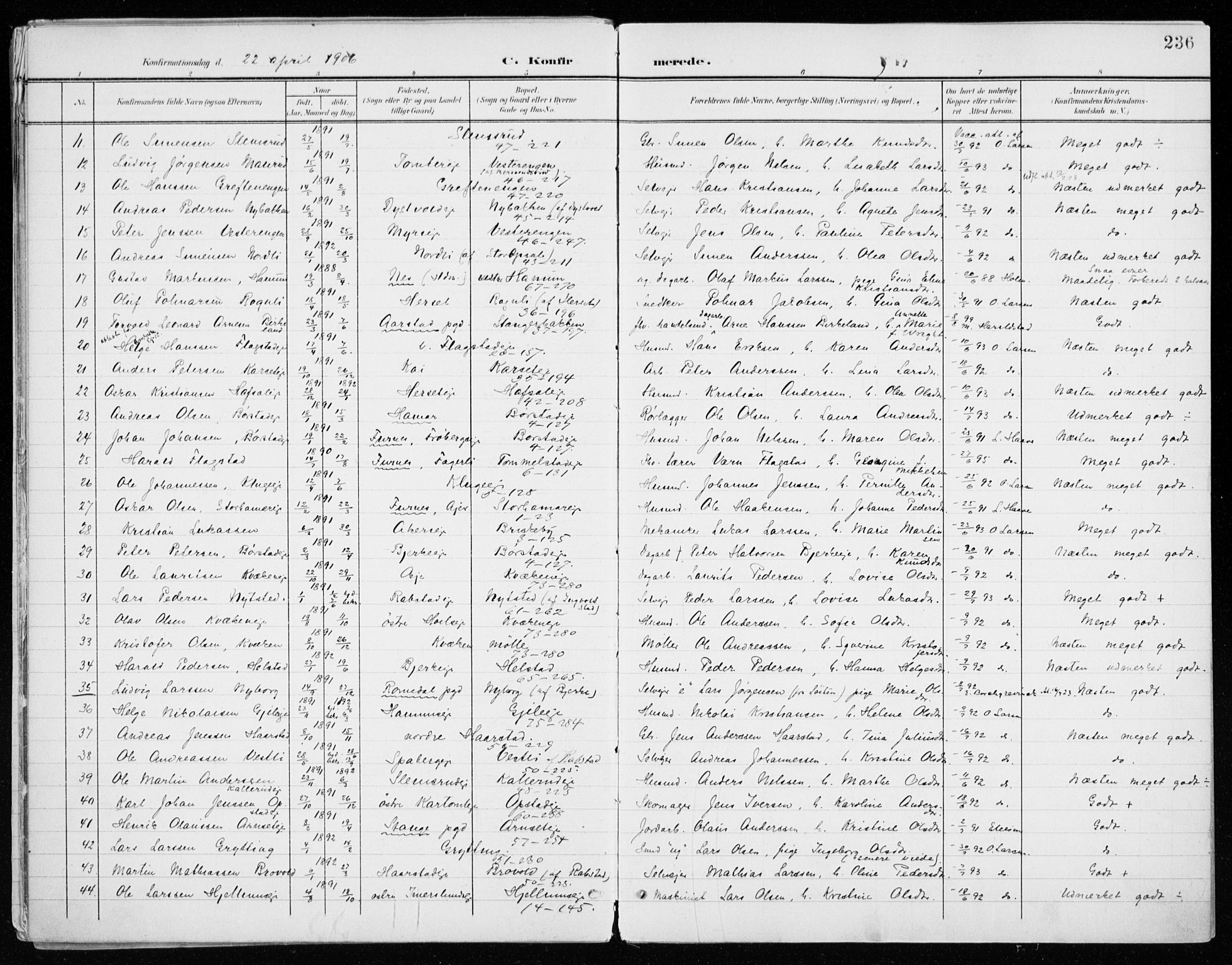 Vang prestekontor, Hedmark, AV/SAH-PREST-008/H/Ha/Haa/L0021: Parish register (official) no. 21, 1902-1917, p. 236