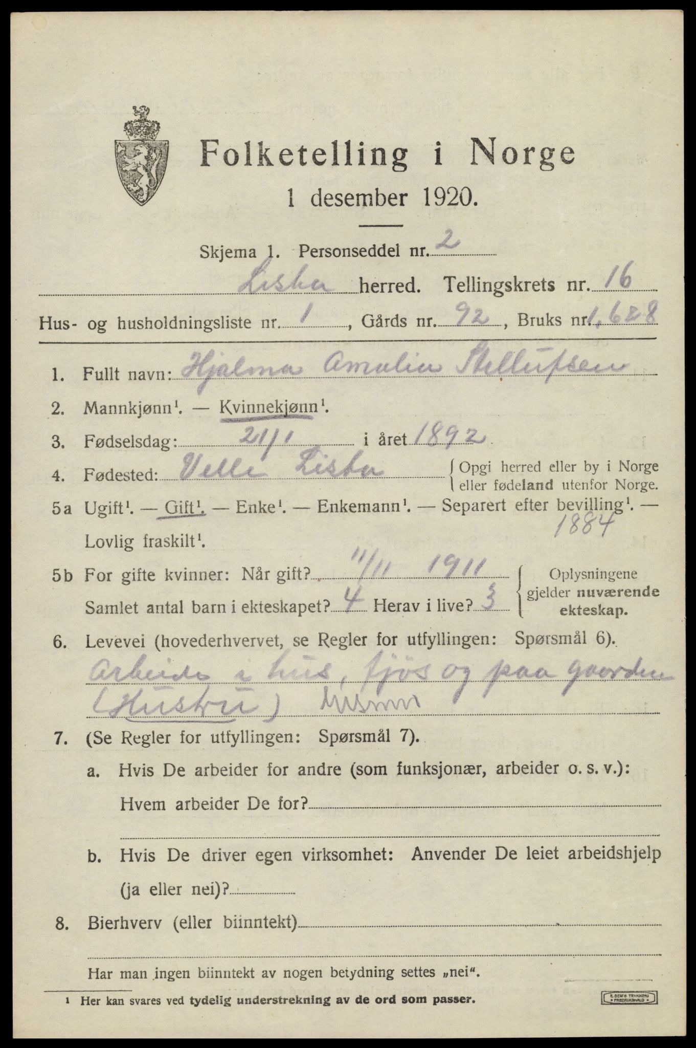 SAK, 1920 census for Lista, 1920, p. 12931