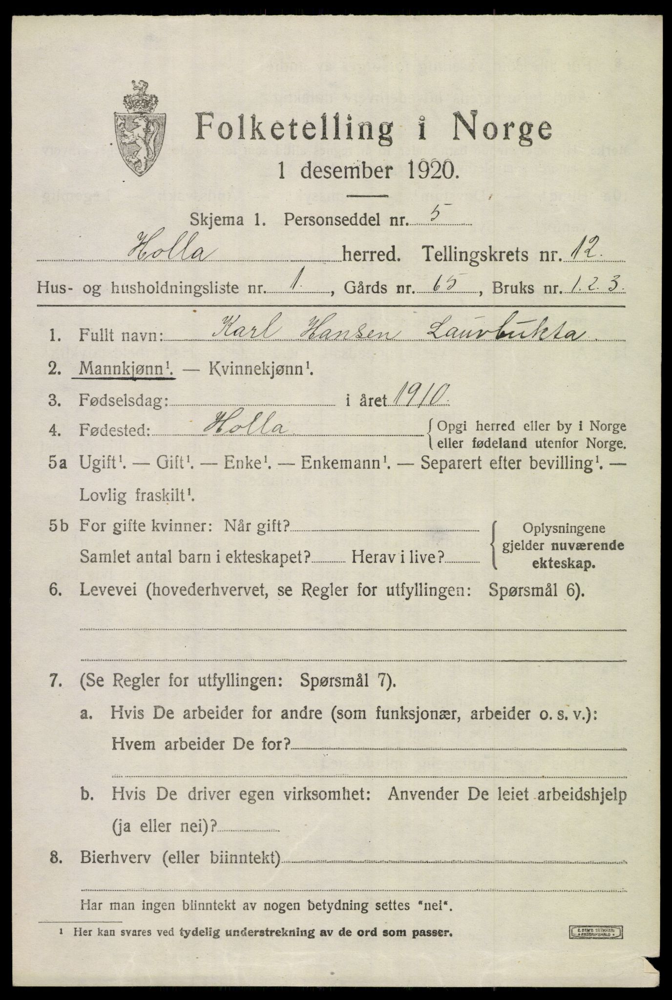 SAKO, 1920 census for Holla, 1920, p. 7505