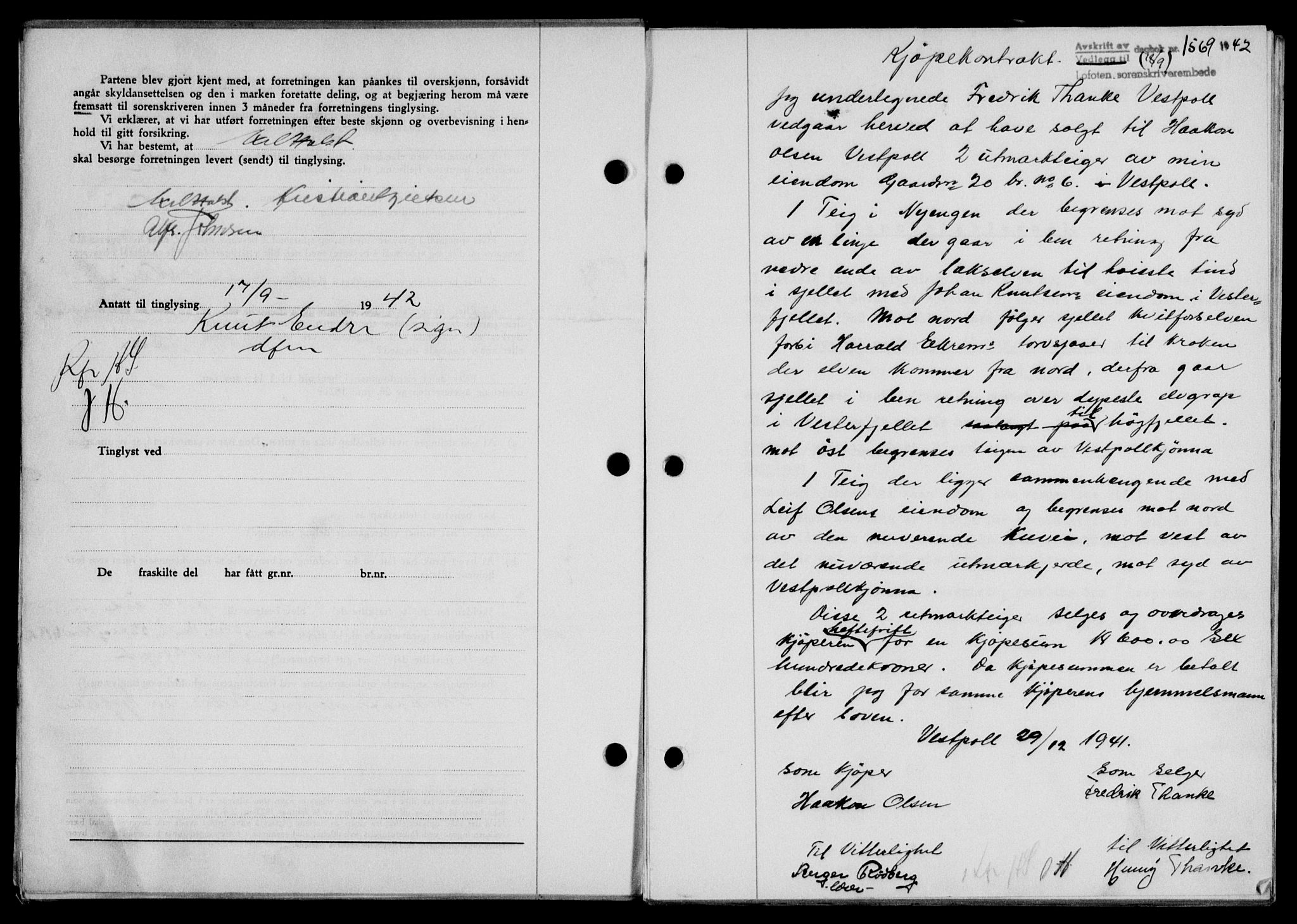 Lofoten sorenskriveri, SAT/A-0017/1/2/2C/L0010a: Mortgage book no. 10a, 1942-1943, Diary no: : 1569/1942