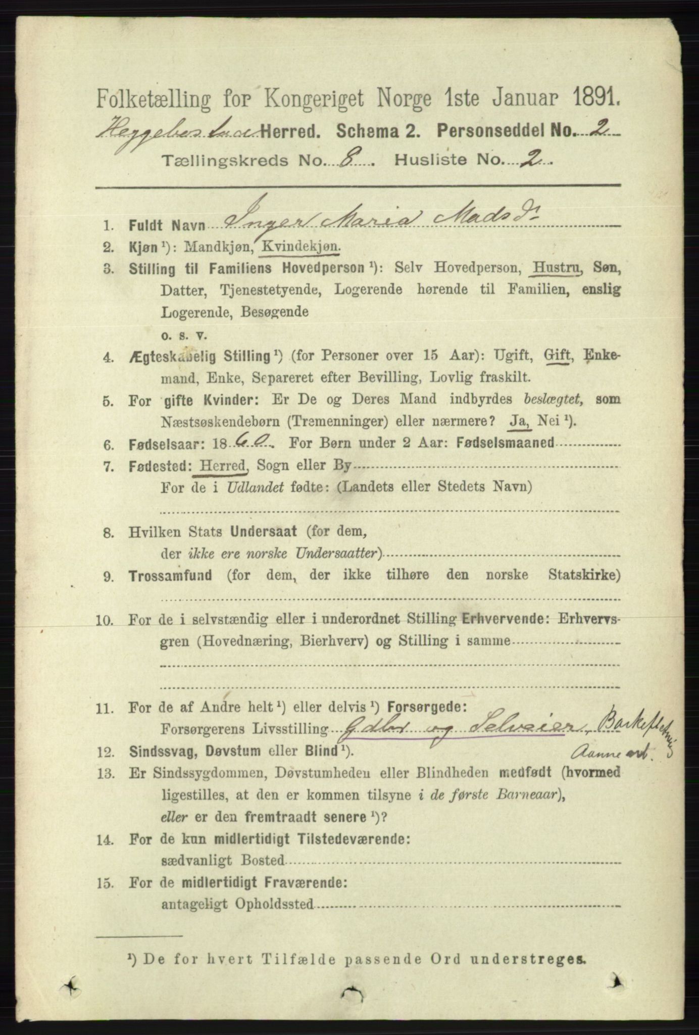 RA, 1891 census for 1034 Hægebostad, 1891, p. 2473