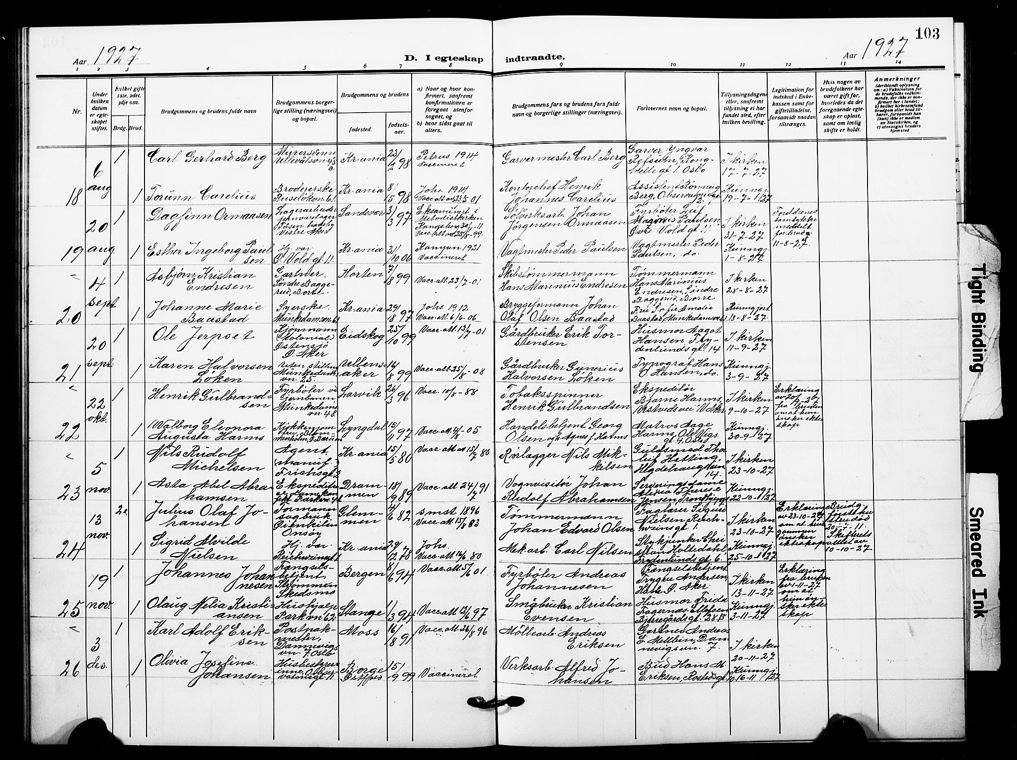 Johannes prestekontor Kirkebøker, SAO/A-10852/F/Fa/L0013: Parish register (official) no. 13, 1919-1930, p. 103
