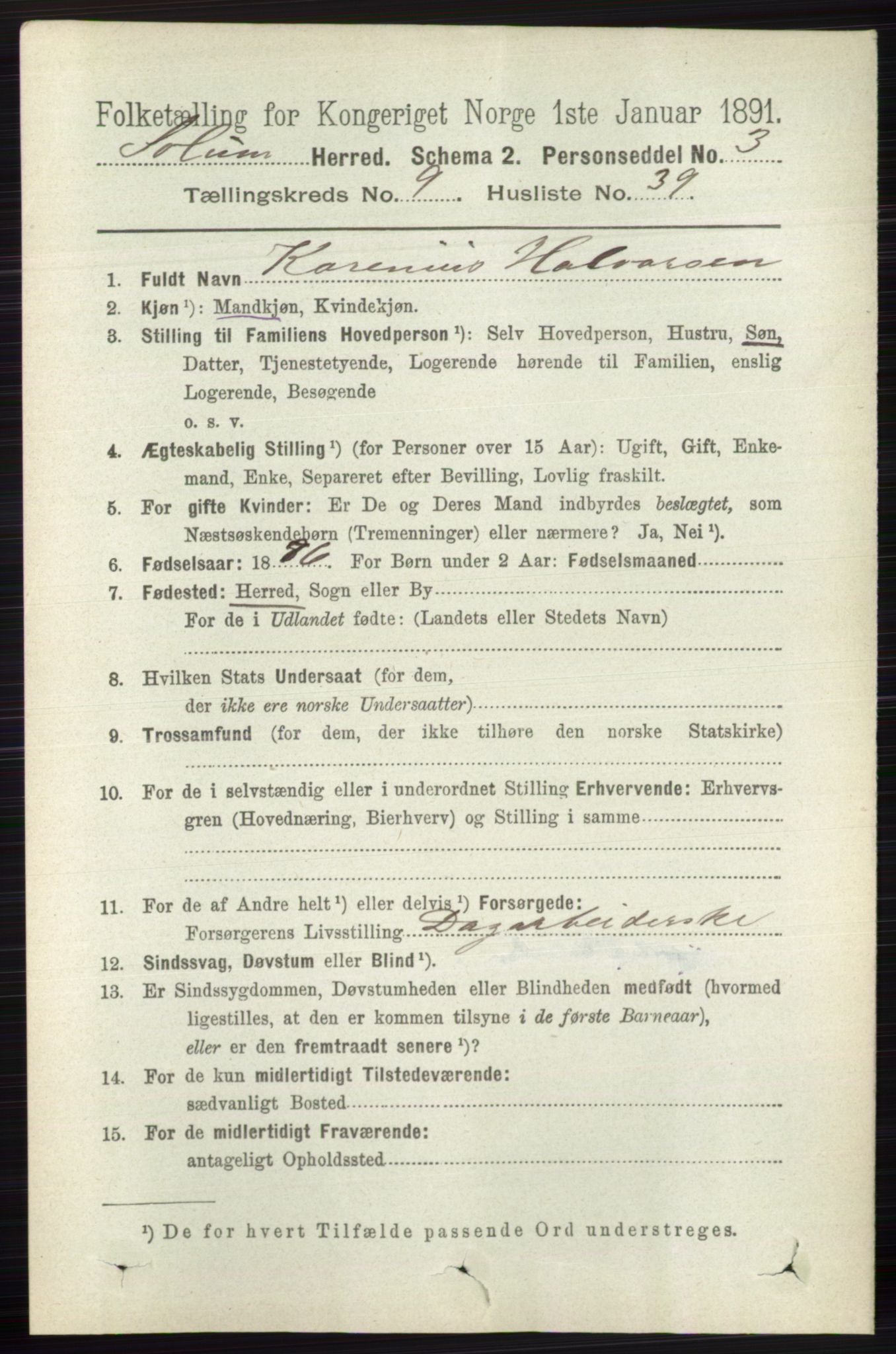 RA, 1891 census for 0818 Solum, 1891, p. 2182