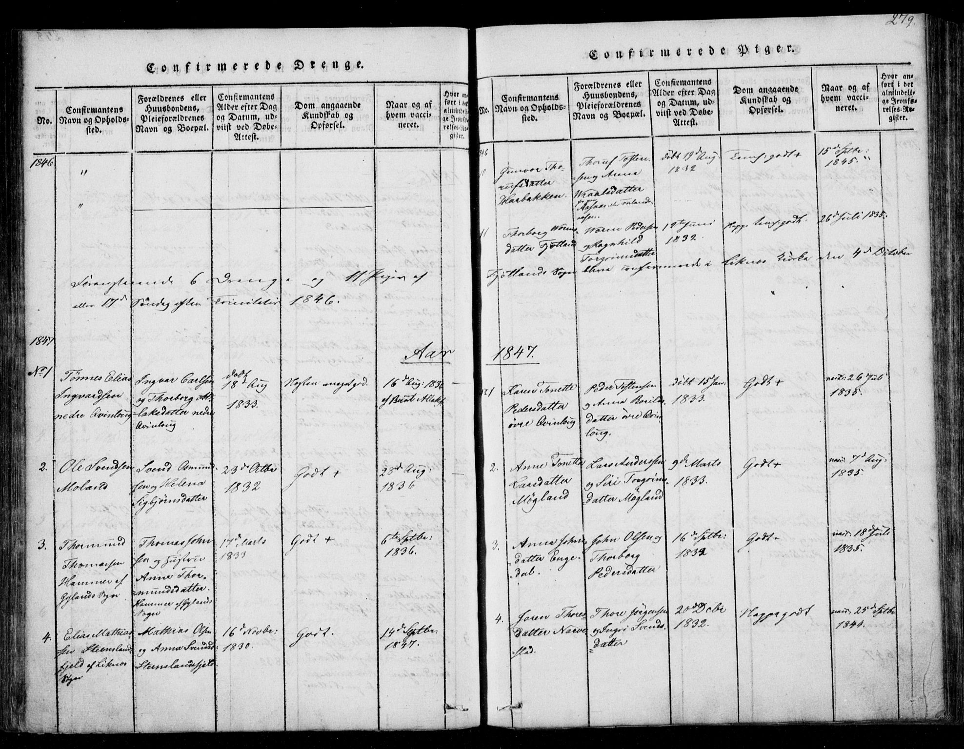 Fjotland sokneprestkontor, AV/SAK-1111-0010/F/Fb/L0001: Parish register (copy) no. B 1, 1816-1849, p. 279