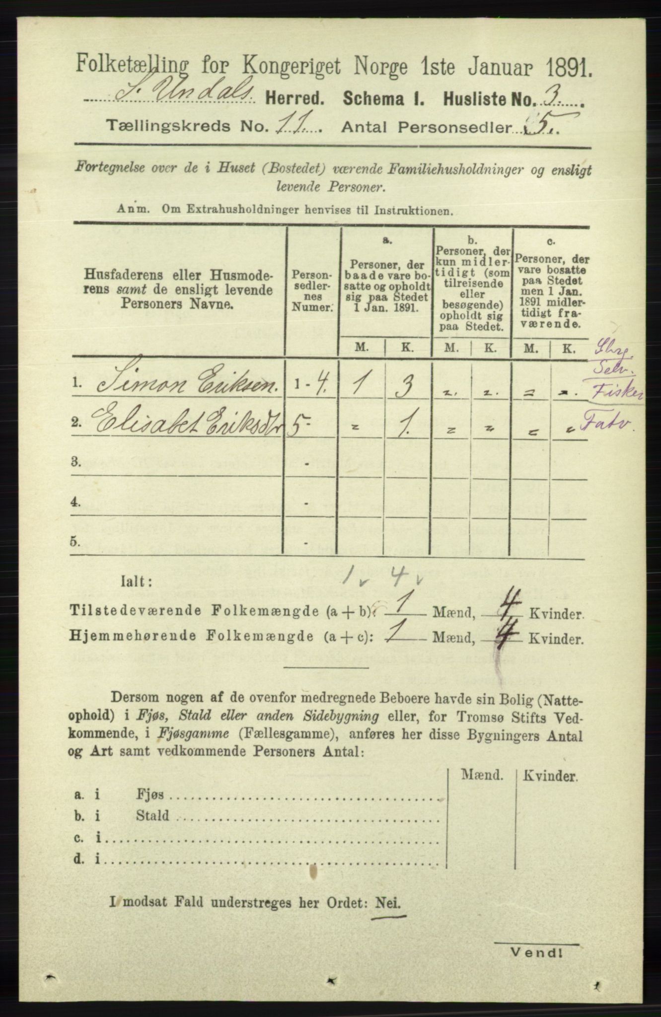 RA, 1891 census for 1029 Sør-Audnedal, 1891, p. 5063