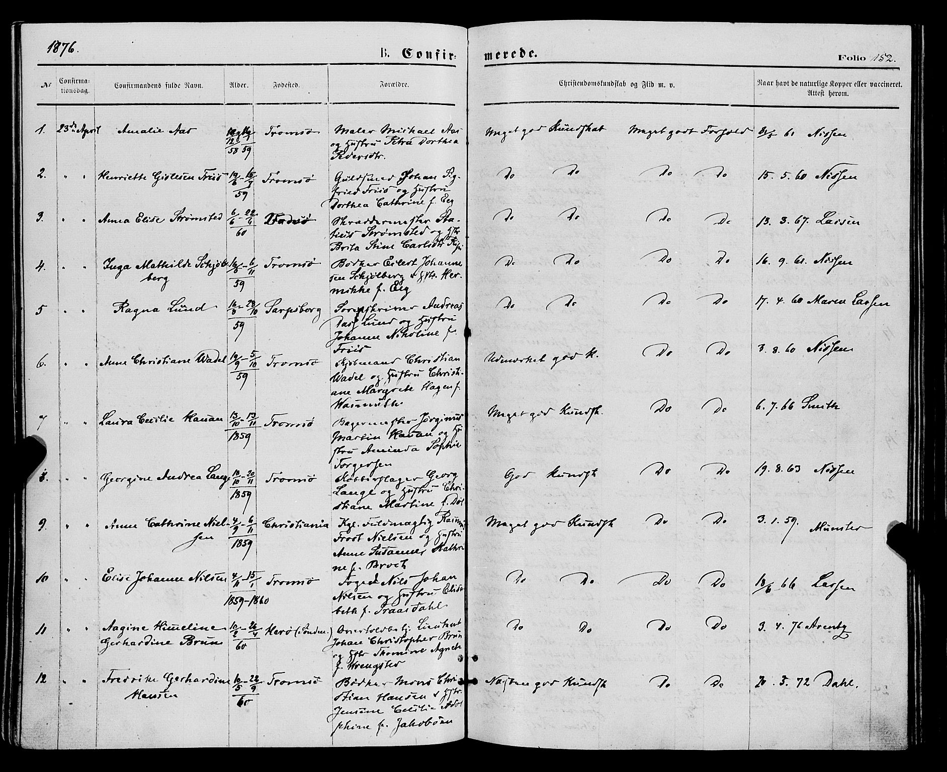 Tromsø sokneprestkontor/stiftsprosti/domprosti, AV/SATØ-S-1343/G/Ga/L0013kirke: Parish register (official) no. 13, 1872-1877, p. 152