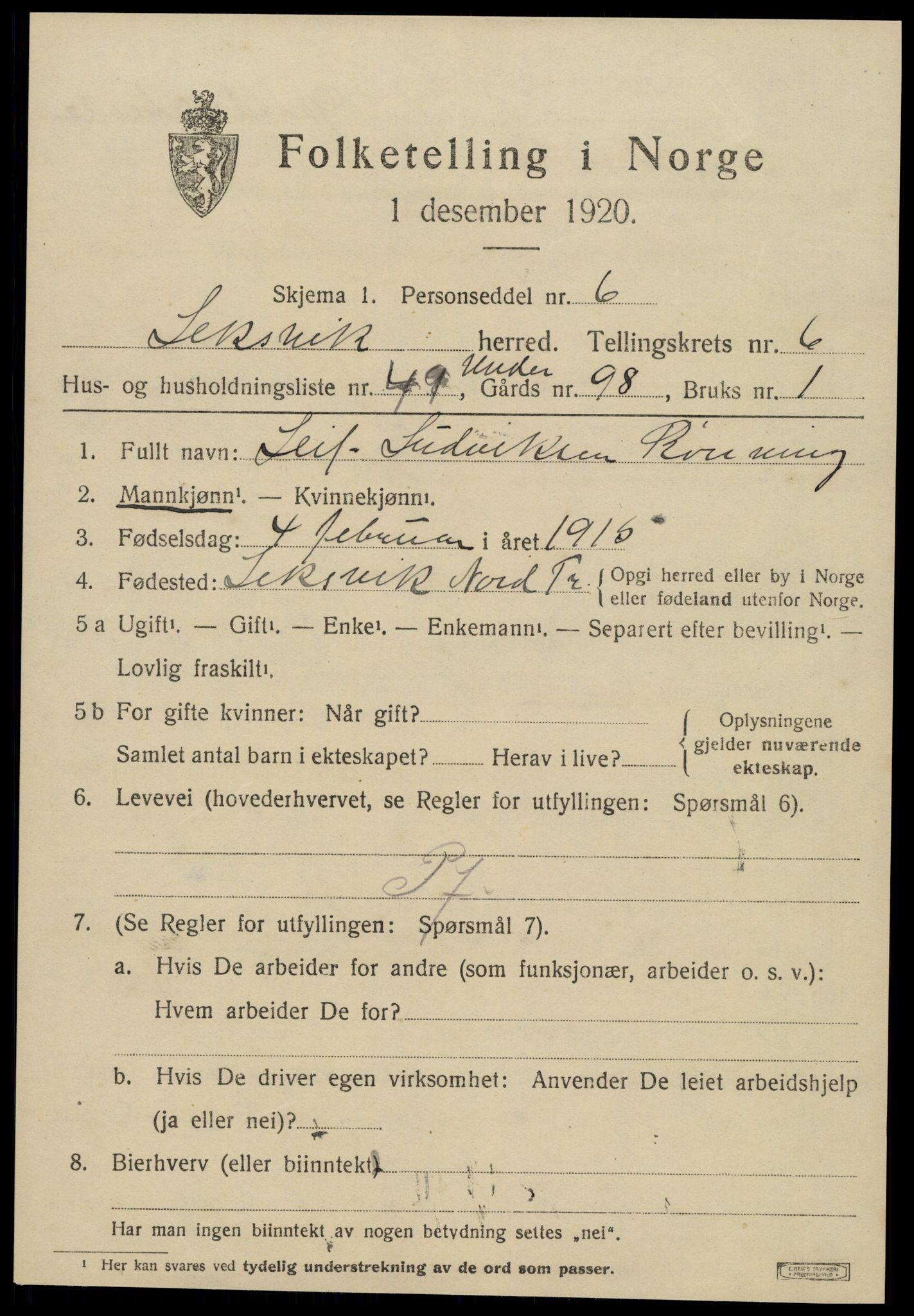 SAT, 1920 census for Leksvik, 1920, p. 6012