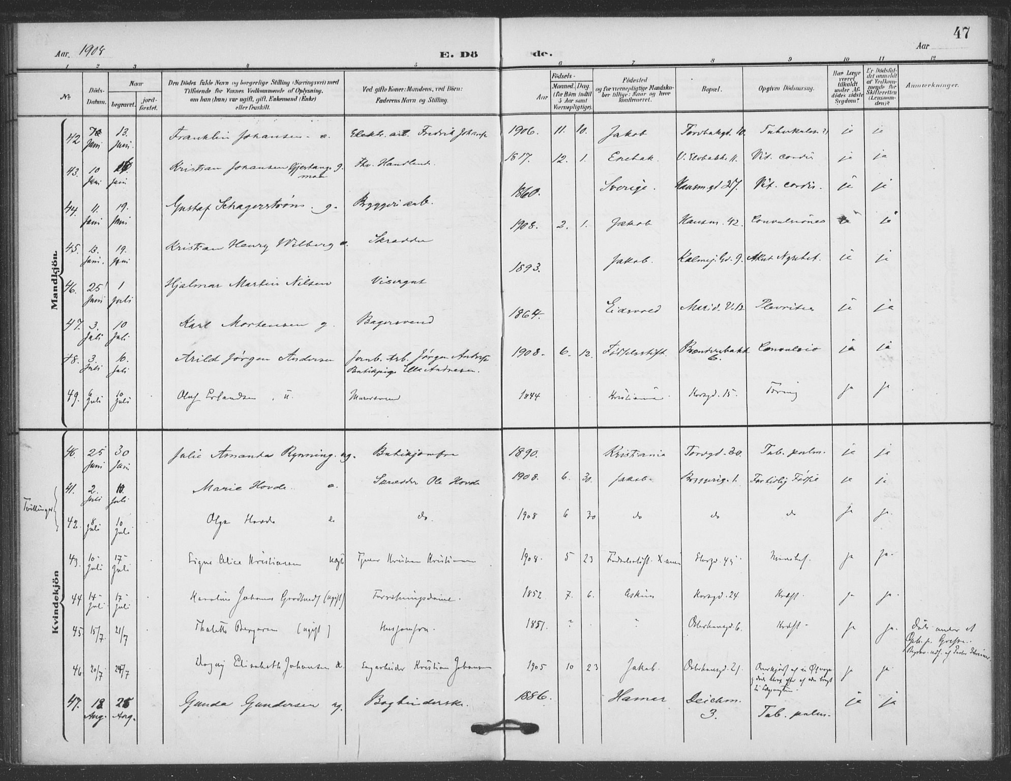 Jakob prestekontor Kirkebøker, AV/SAO-A-10850/F/Fa/L0011: Parish register (official) no. 11, 1906-1920, p. 47