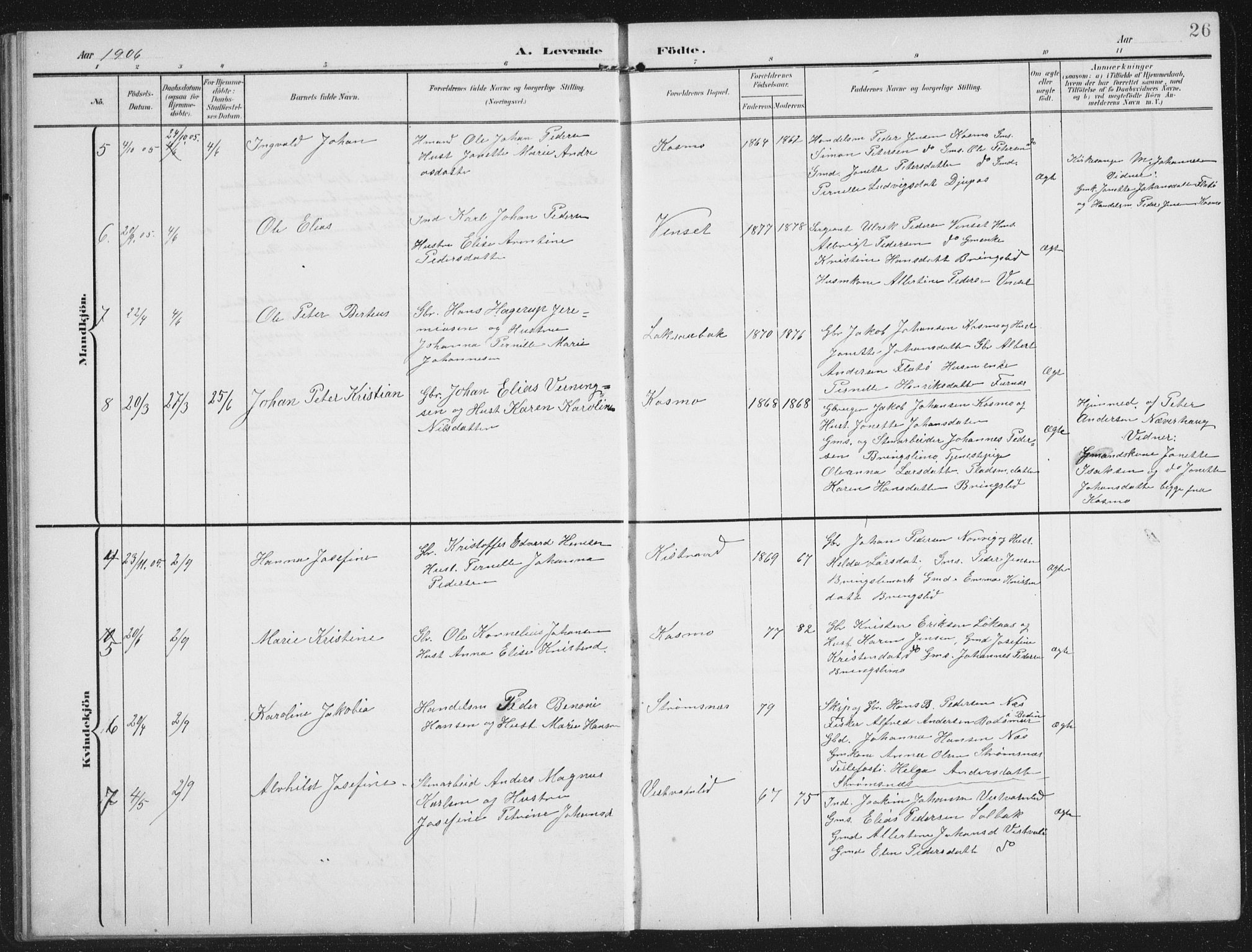 Ministerialprotokoller, klokkerbøker og fødselsregistre - Nordland, AV/SAT-A-1459/851/L0726: Parish register (copy) no. 851C01, 1902-1924, p. 26