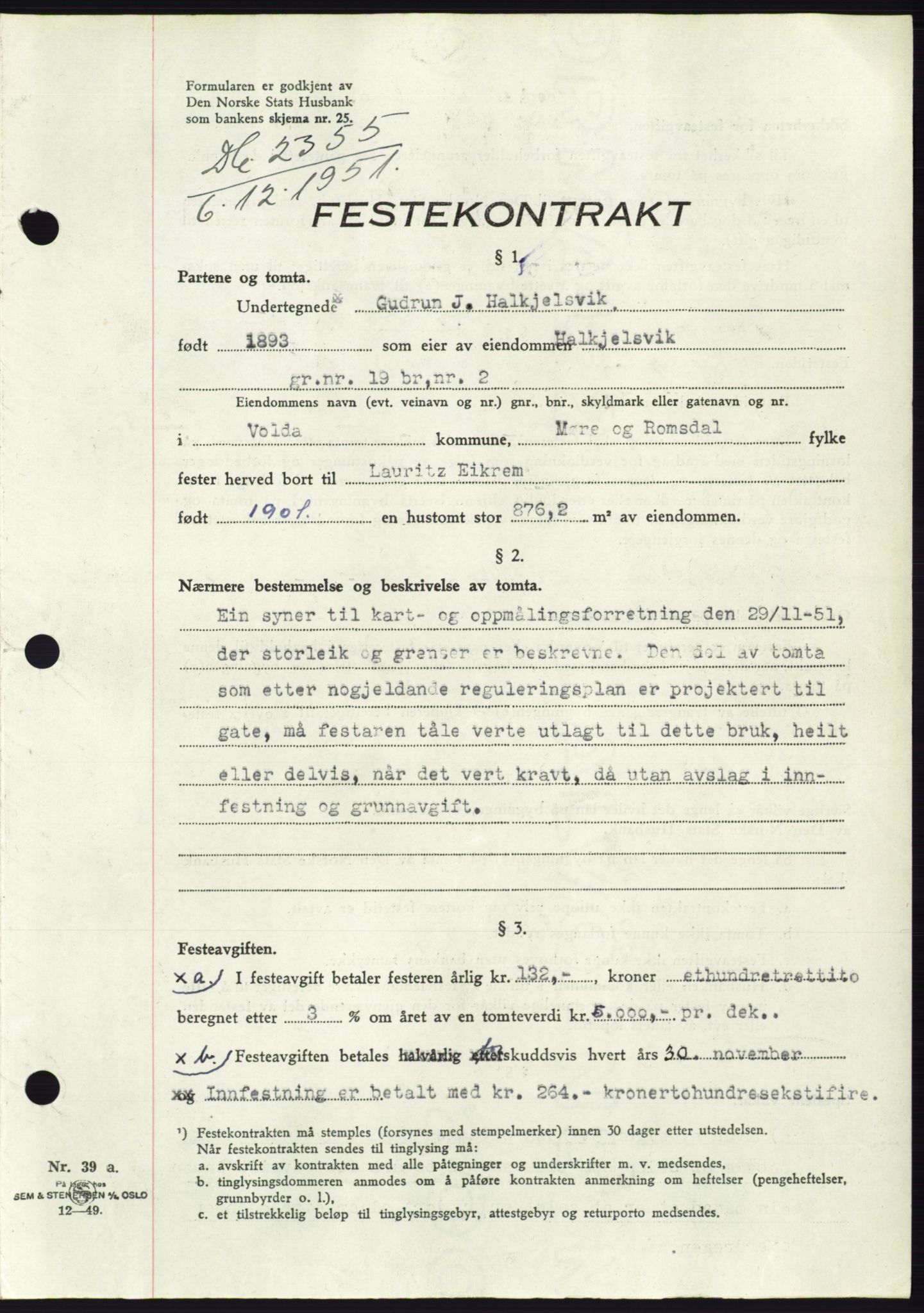Søre Sunnmøre sorenskriveri, AV/SAT-A-4122/1/2/2C/L0090: Mortgage book no. 16A, 1951-1951, Diary no: : 2355/1951