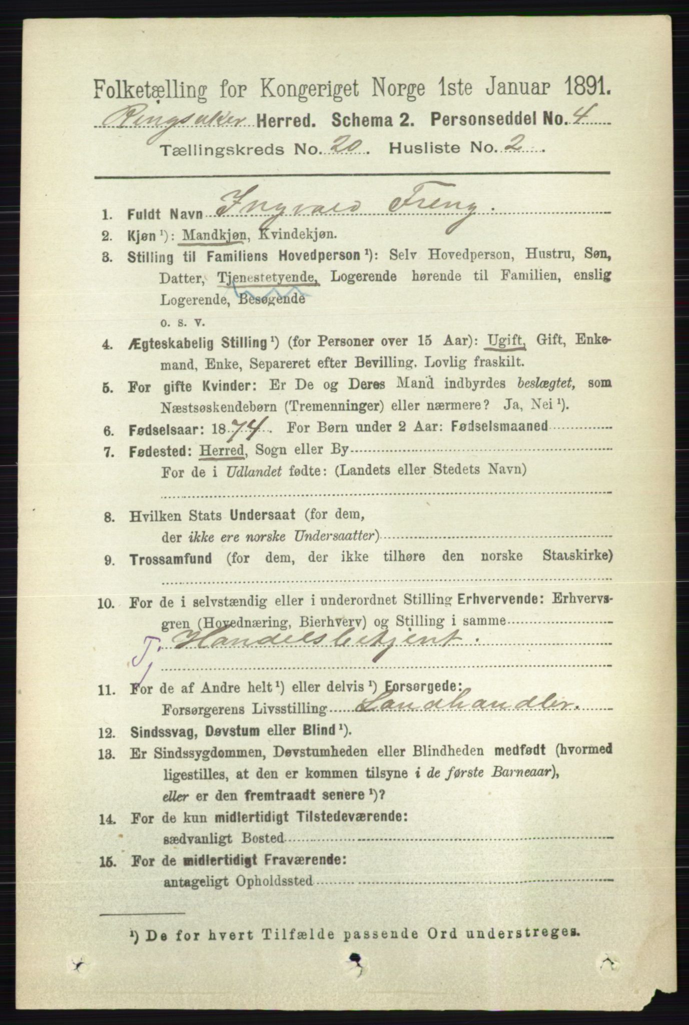 RA, 1891 census for 0412 Ringsaker, 1891, p. 11112