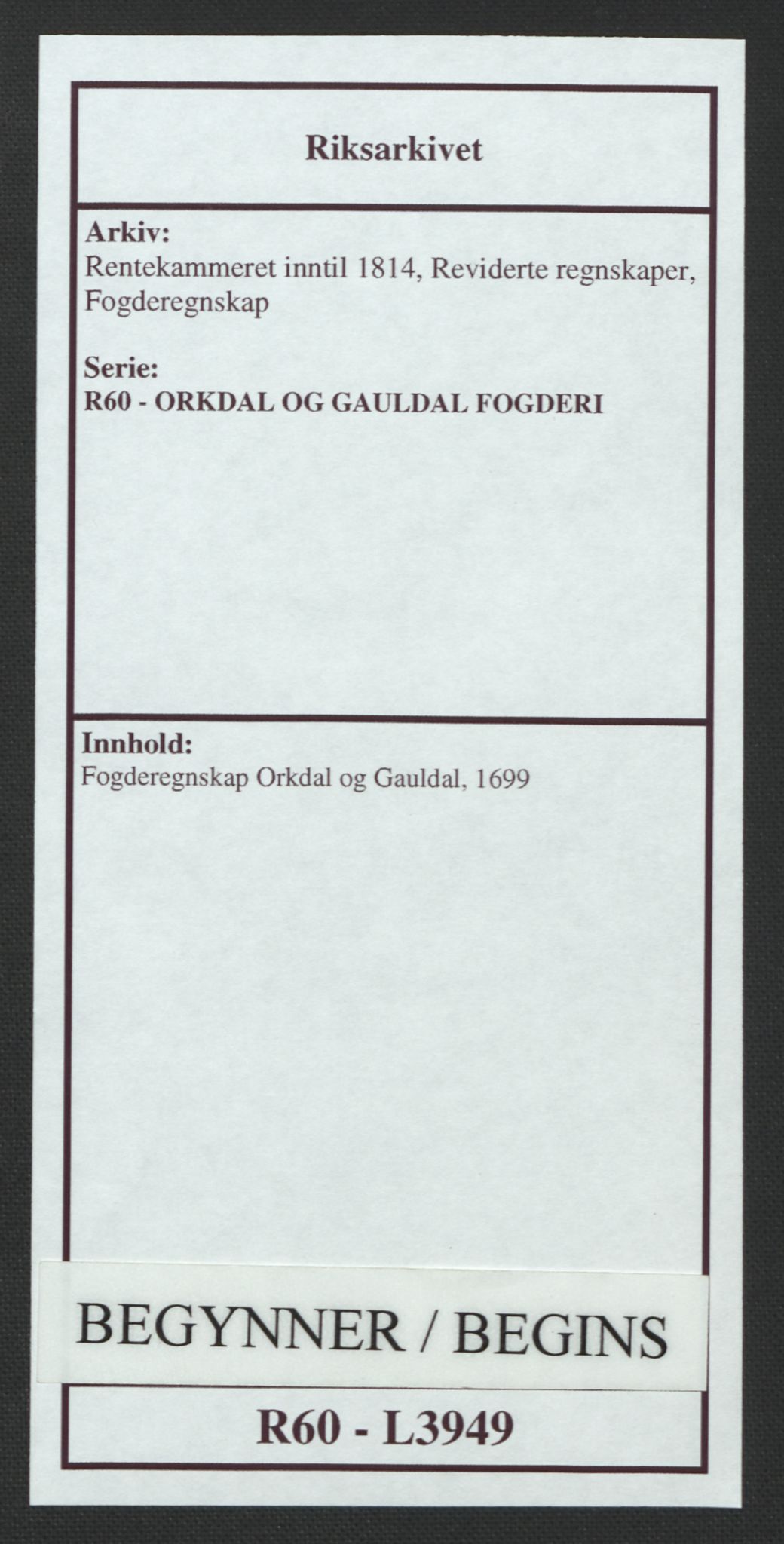 Rentekammeret inntil 1814, Reviderte regnskaper, Fogderegnskap, AV/RA-EA-4092/R60/L3949: Fogderegnskap Orkdal og Gauldal, 1699, p. 1