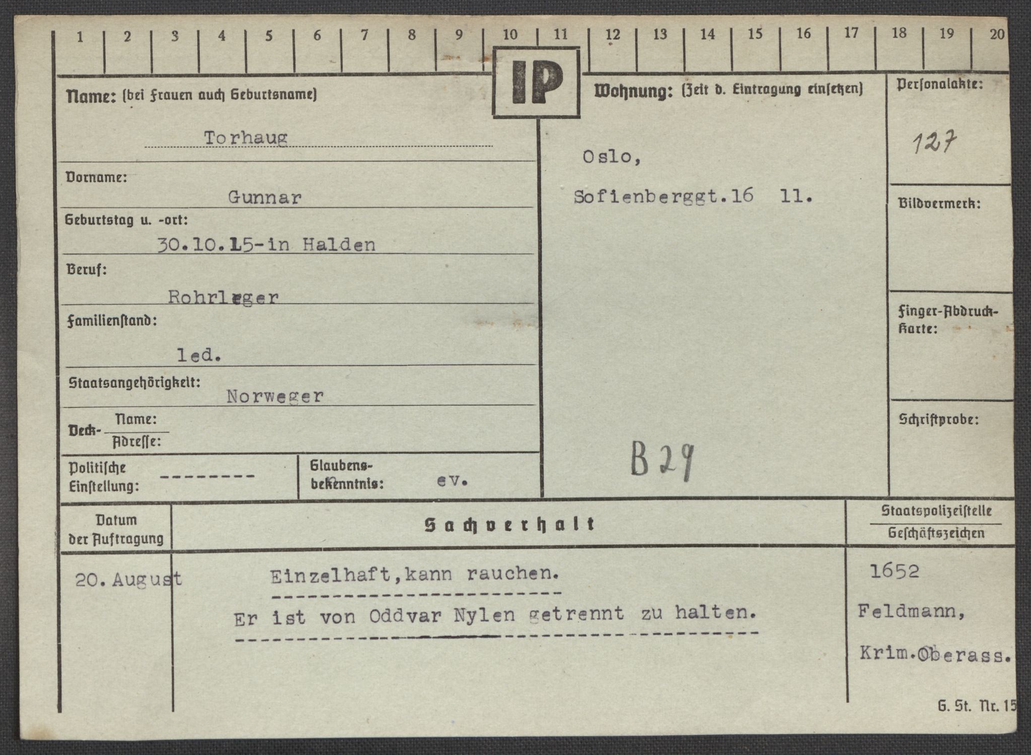 Befehlshaber der Sicherheitspolizei und des SD, AV/RA-RAFA-5969/E/Ea/Eaa/L0010: Register over norske fanger i Møllergata 19: Sø-Å, 1940-1945, p. 492