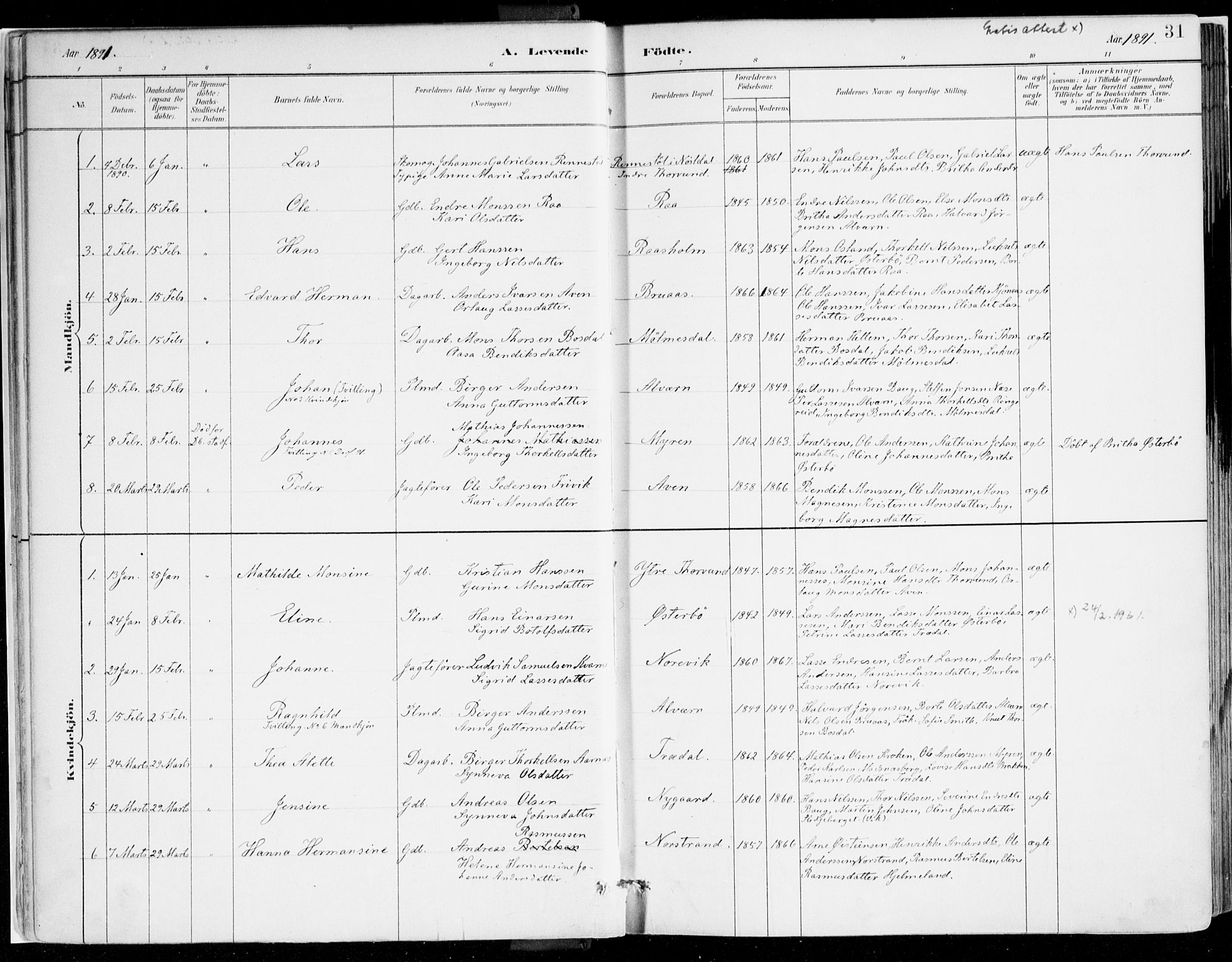 Lavik sokneprestembete, AV/SAB-A-80901: Parish register (official) no. B 1, 1882-1908, p. 31
