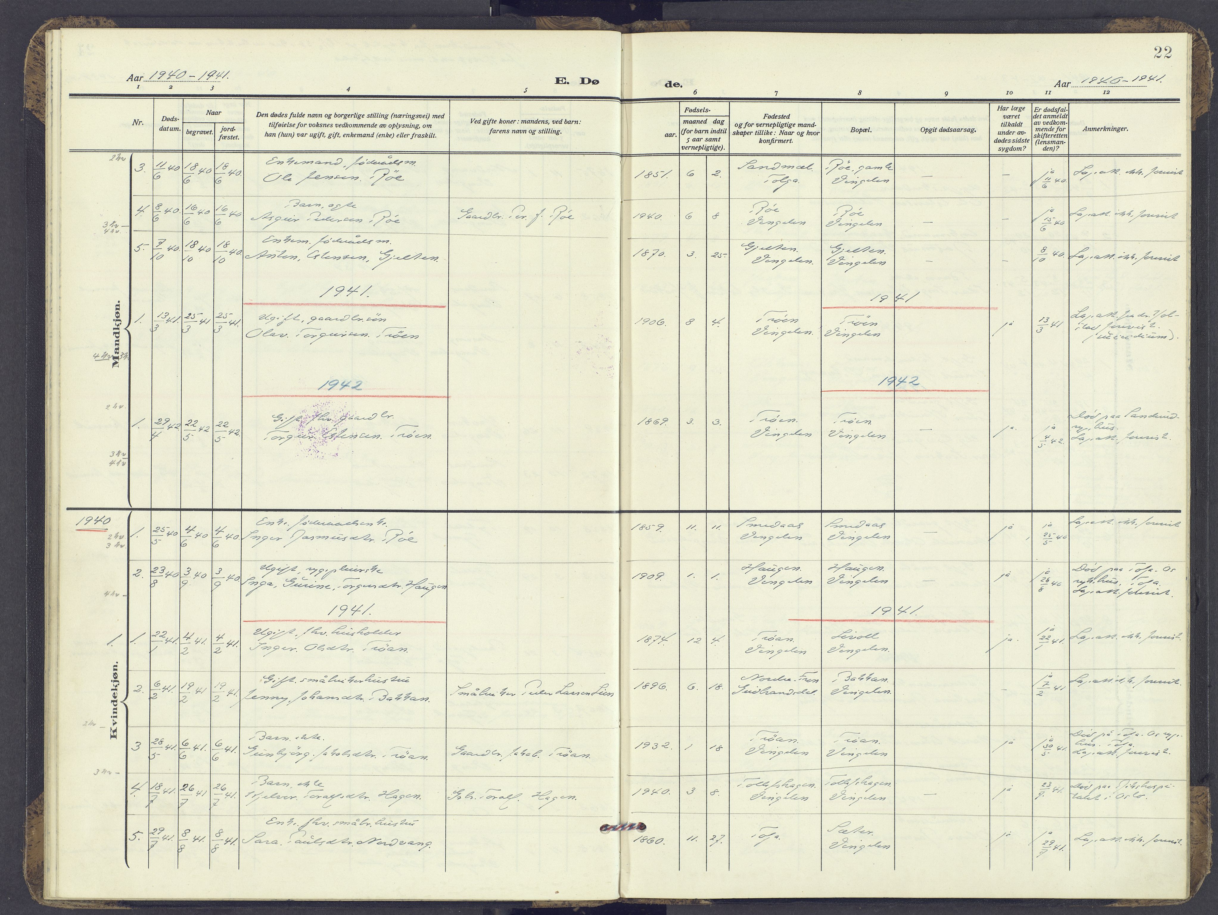 Tolga prestekontor, AV/SAH-PREST-062/K/L0017: Parish register (official) no. 17, 1909-1979, p. 22