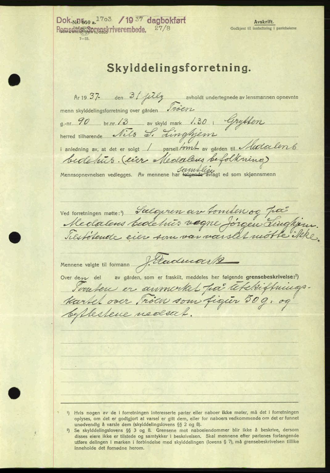 Romsdal sorenskriveri, SAT/A-4149/1/2/2C: Mortgage book no. A3, 1937-1937, Diary no: : 1703/1937