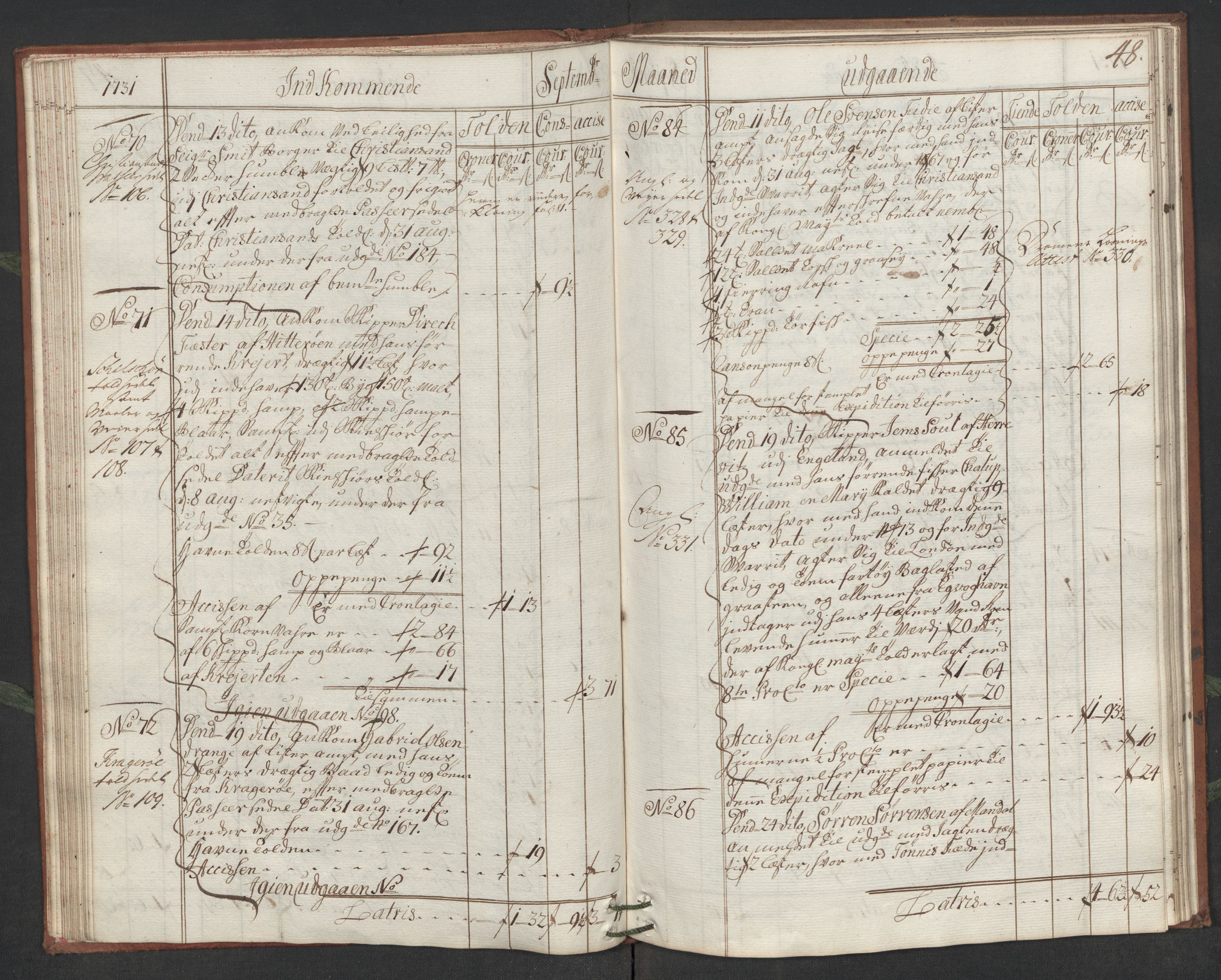 Generaltollkammeret, tollregnskaper, AV/RA-EA-5490/R19/L0006/0001: Tollregnskaper Flekkefjord / Hovedtollbok, 1731, p. 47b-48a