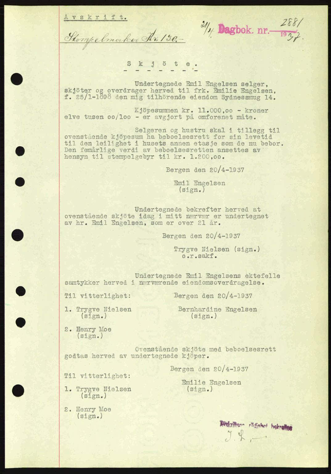 Byfogd og Byskriver i Bergen, SAB/A-3401/03/03Bc/L0004: Mortgage book no. A3-4, 1936-1937, Diary no: : 2881/1937