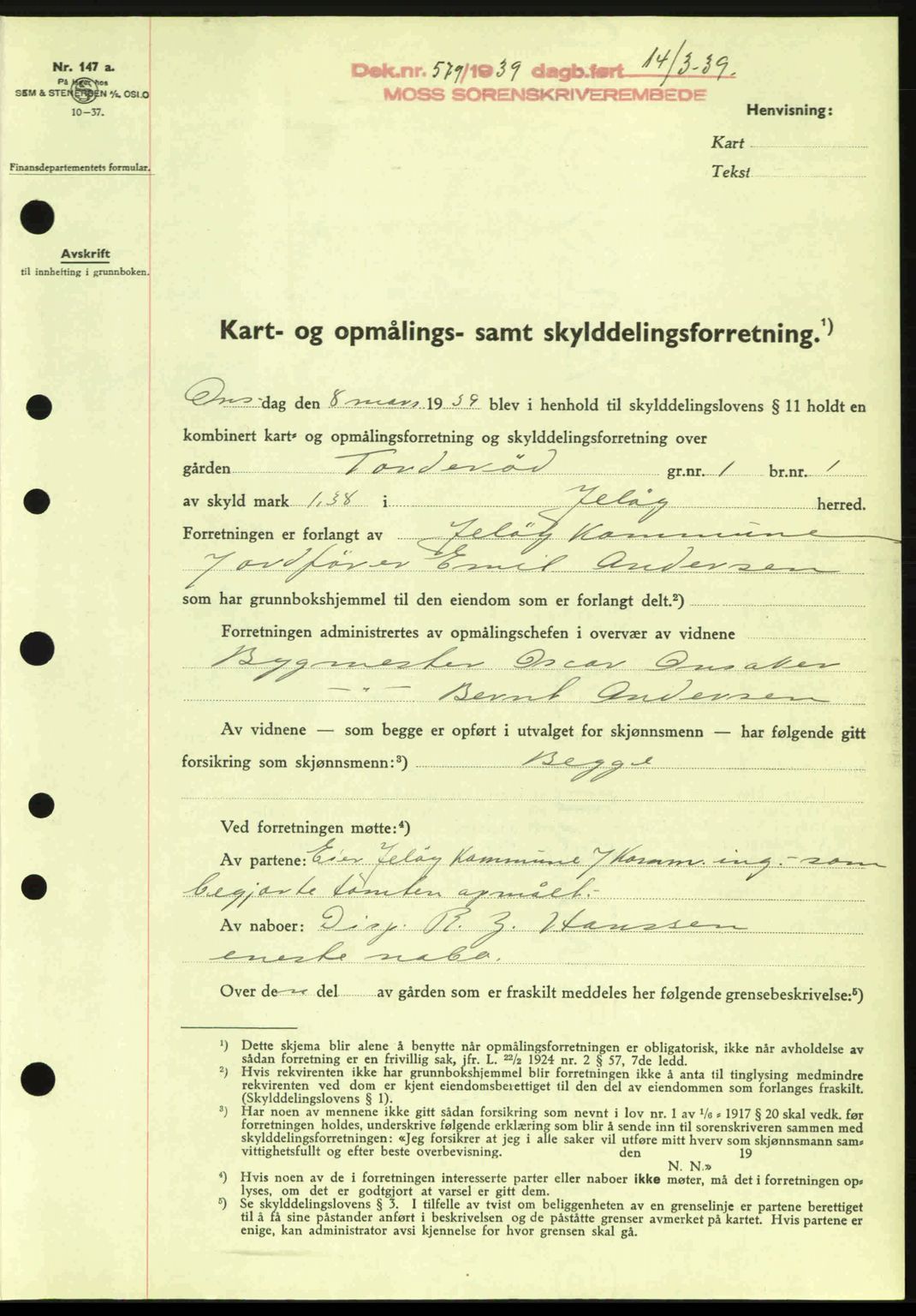 Moss sorenskriveri, SAO/A-10168: Mortgage book no. A5, 1938-1939, Diary no: : 579/1939