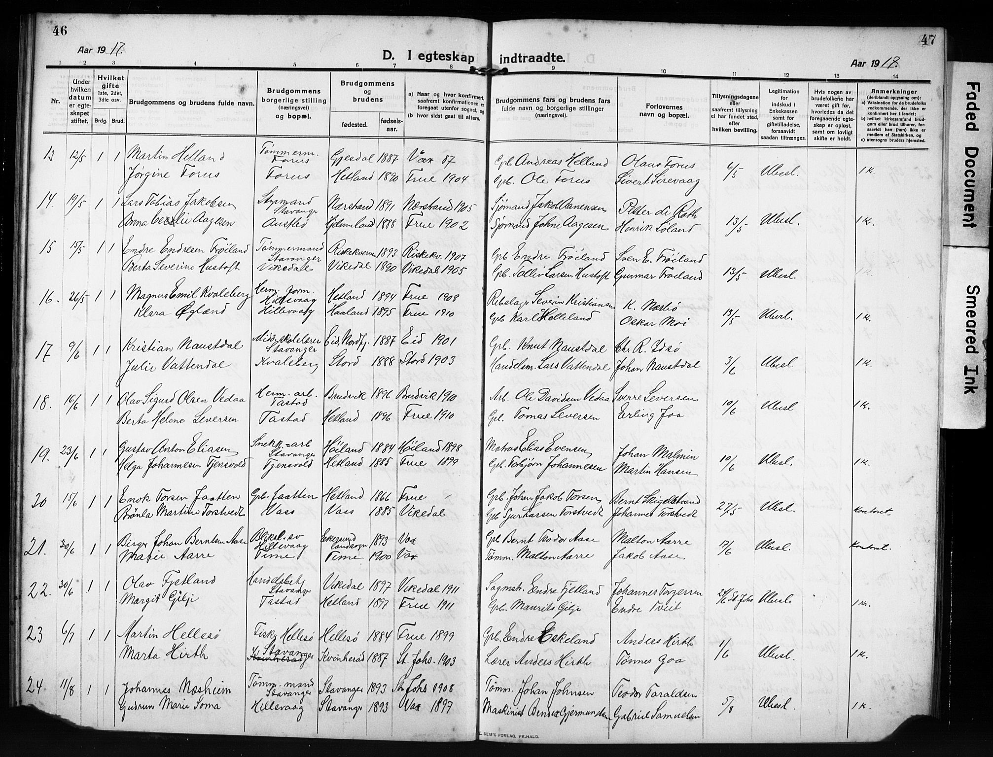 Hetland sokneprestkontor, SAST/A-101826/30/30BB/L0009: Parish register (copy) no. B 9, 1910-1931, p. 46-47