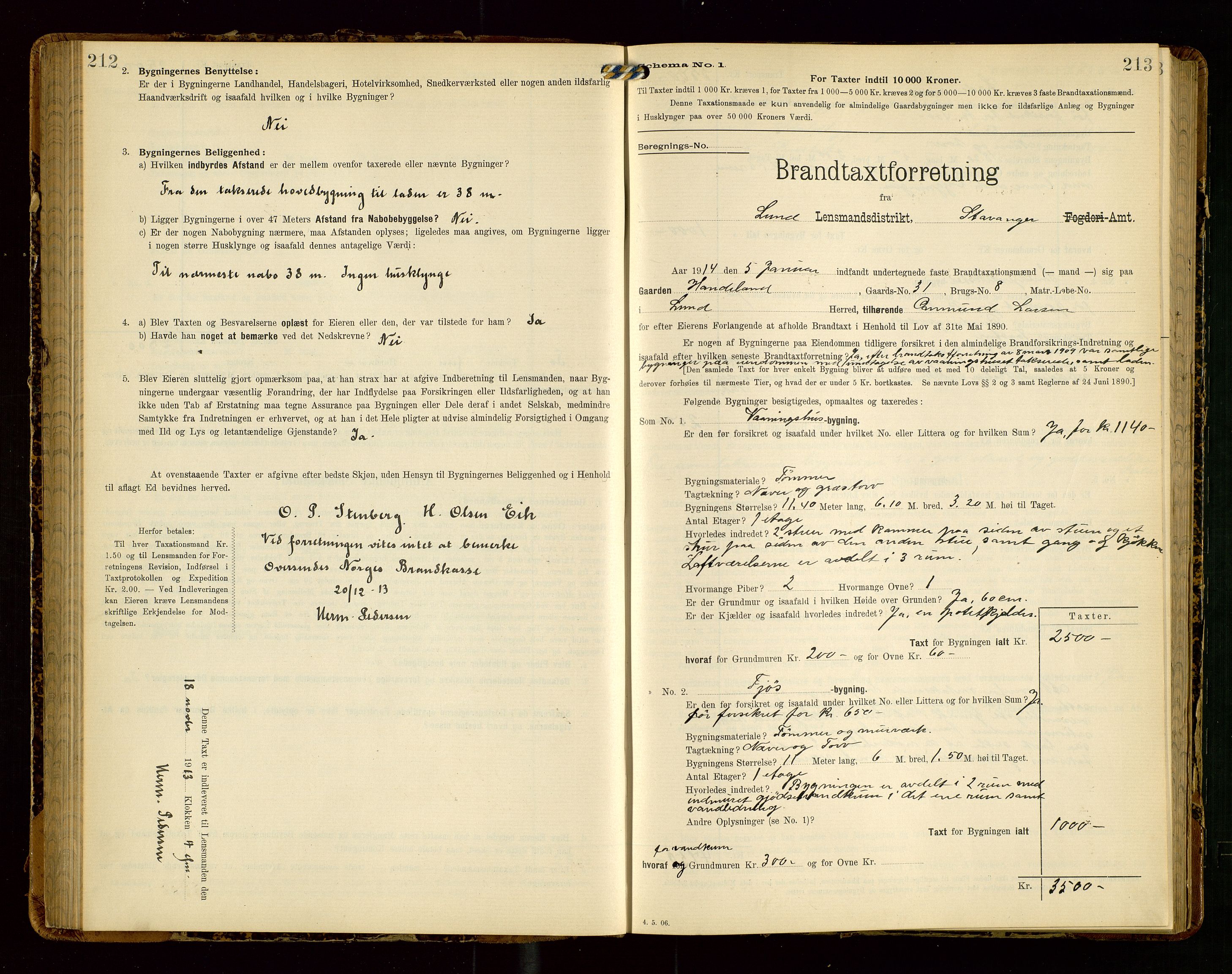 Lund lensmannskontor, SAST/A-100303/Gob/L0002: "Brandtakstprotokol", 1908-1918, p. 212-213