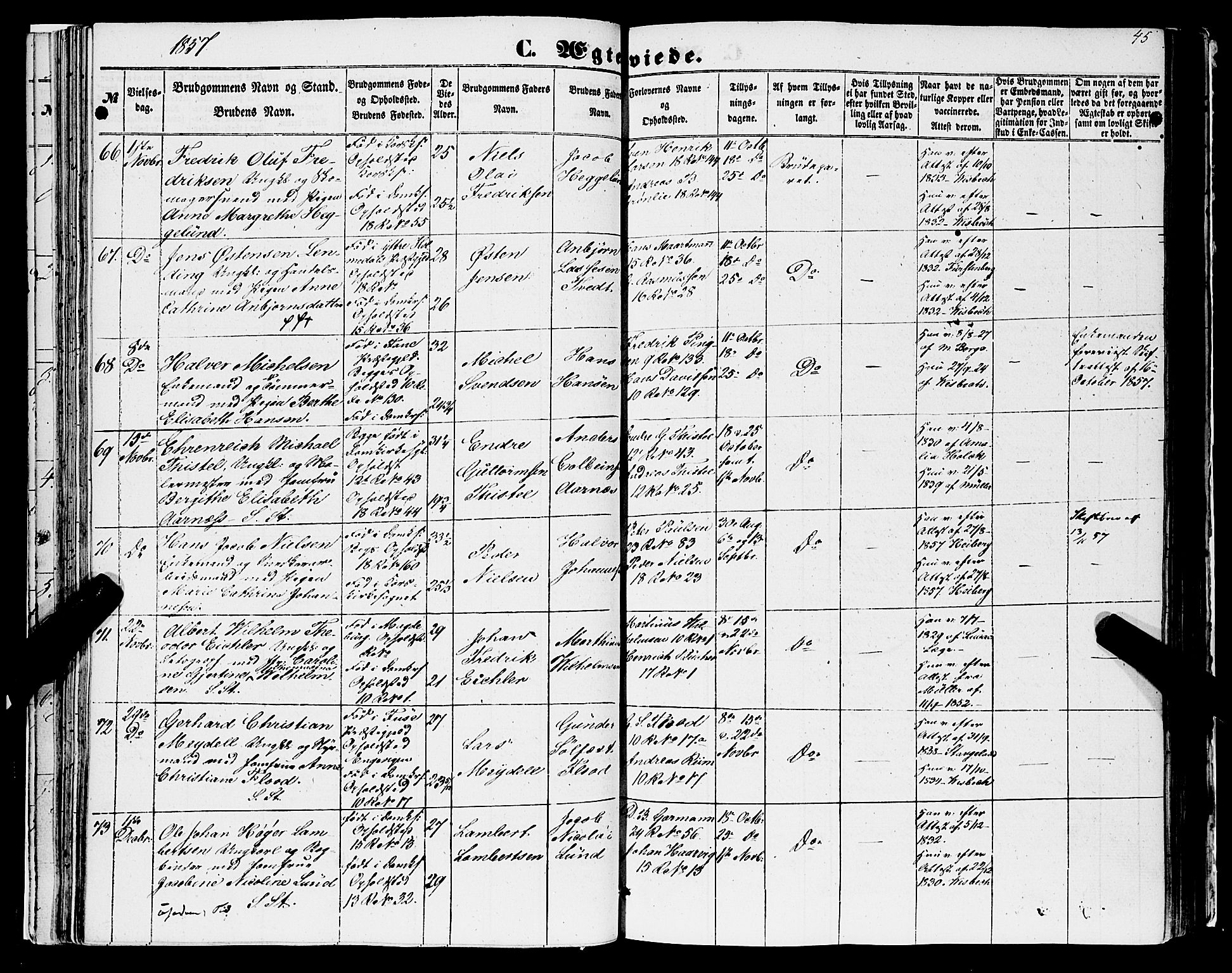 Domkirken sokneprestembete, AV/SAB-A-74801/H/Haa/L0034: Parish register (official) no. D 2, 1853-1874, p. 45