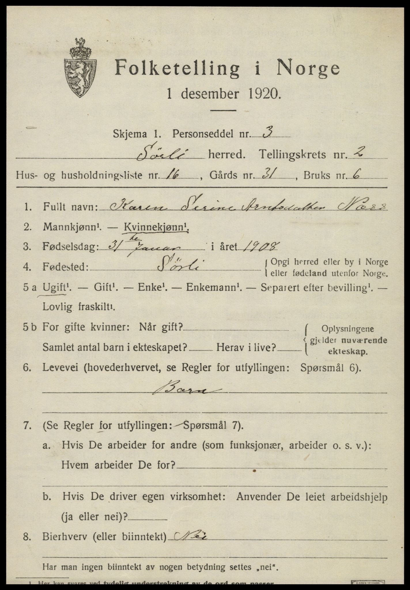 SAT, 1920 census for Sørli, 1920, p. 1049