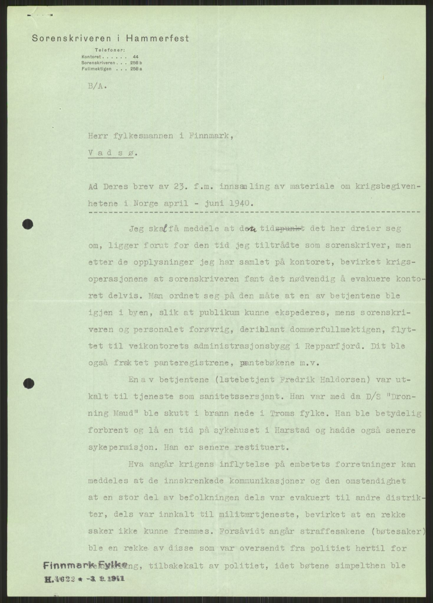 Forsvaret, Forsvarets krigshistoriske avdeling, AV/RA-RAFA-2017/Y/Ya/L0017: II-C-11-31 - Fylkesmenn.  Rapporter om krigsbegivenhetene 1940., 1940, p. 705