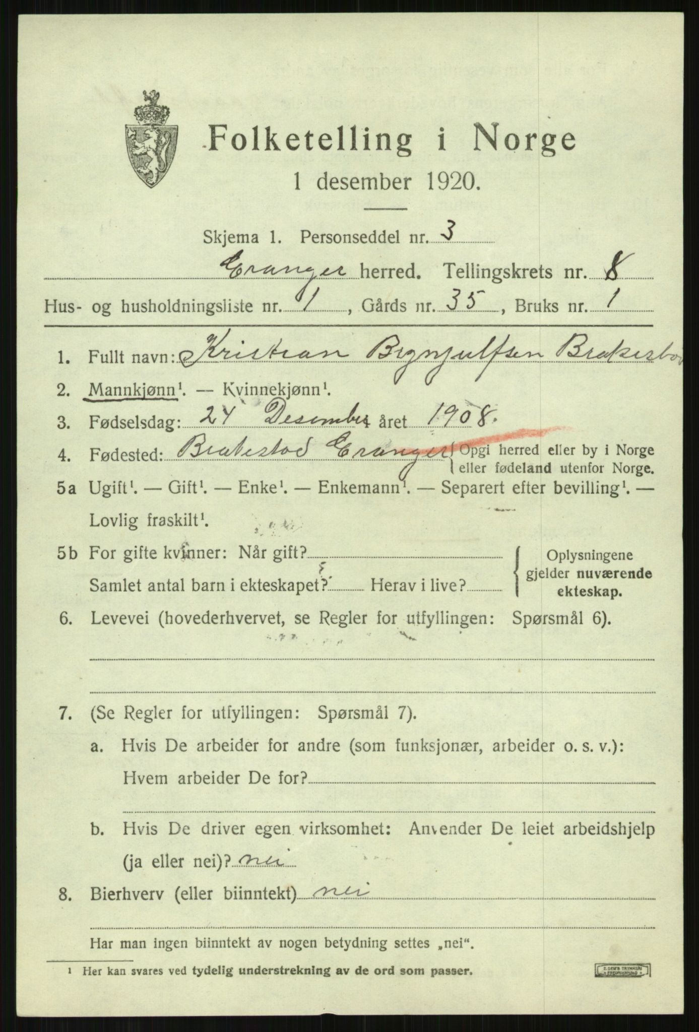 SAB, 1920 census for Evanger, 1920, p. 2483