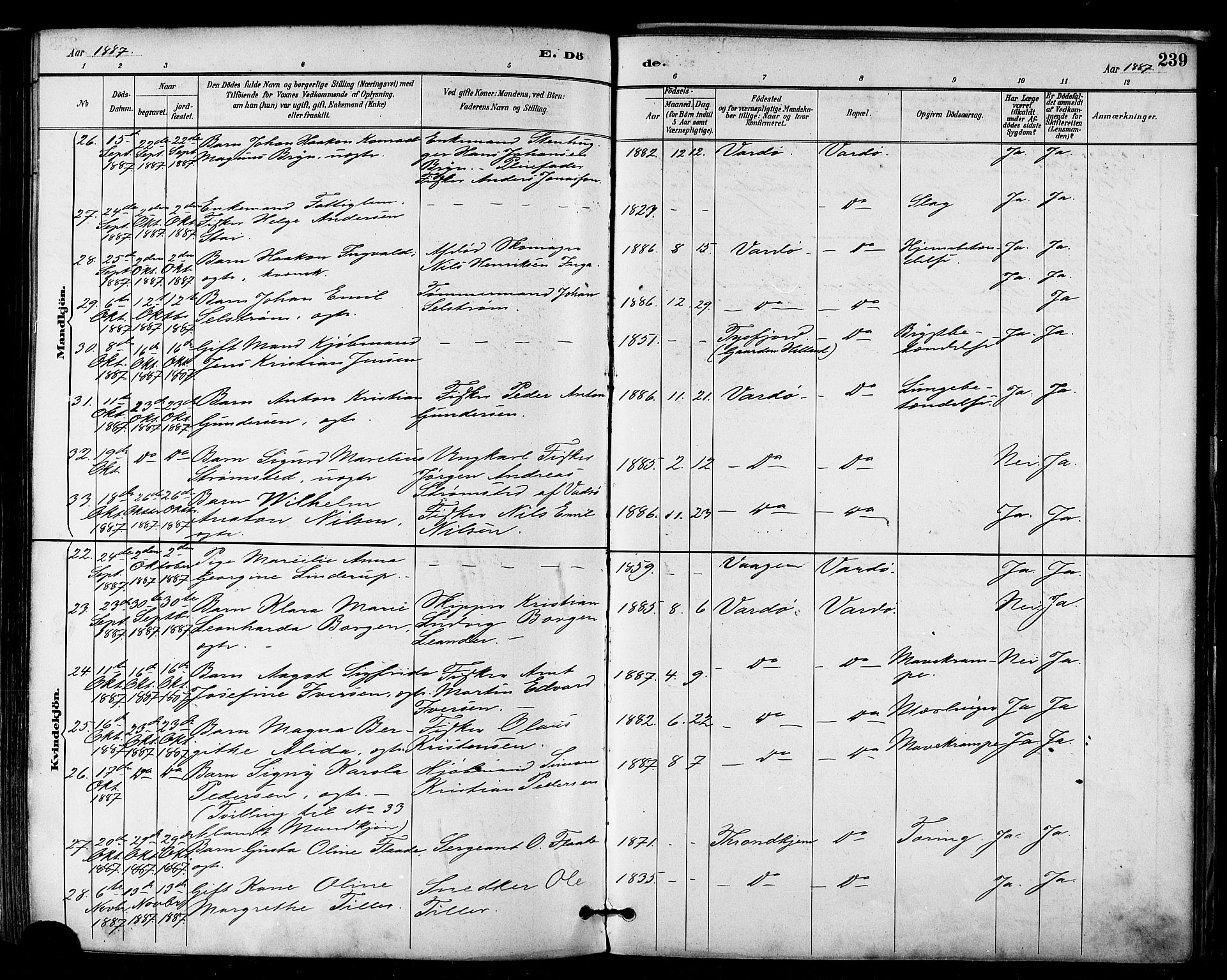 Vardø sokneprestkontor, SATØ/S-1332/H/Ha/L0007kirke: Parish register (official) no. 7, 1886-1897, p. 239